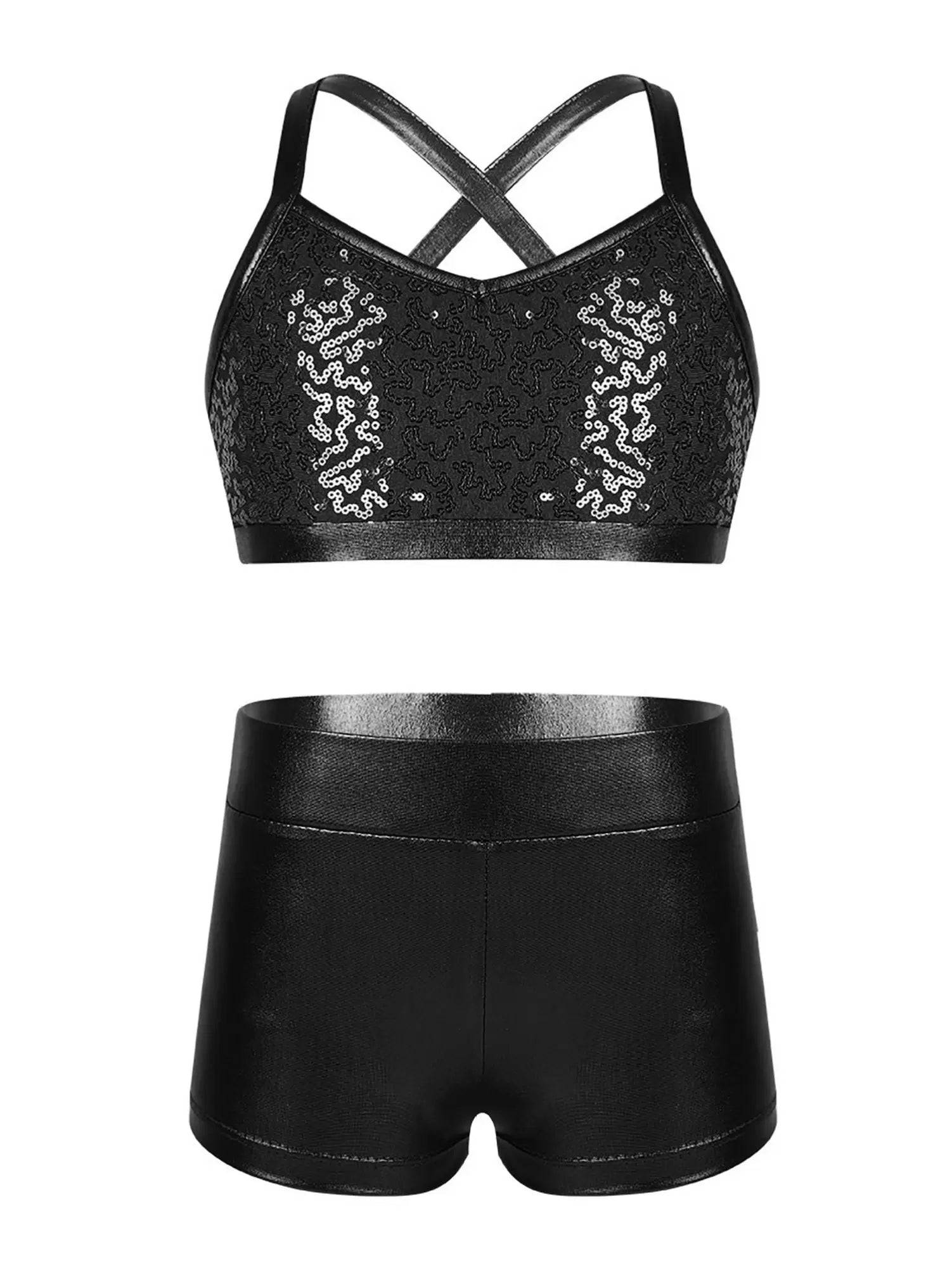 Kids Girls 2pcs Sequins Tank Top and Shorts Jazz Dance Sets