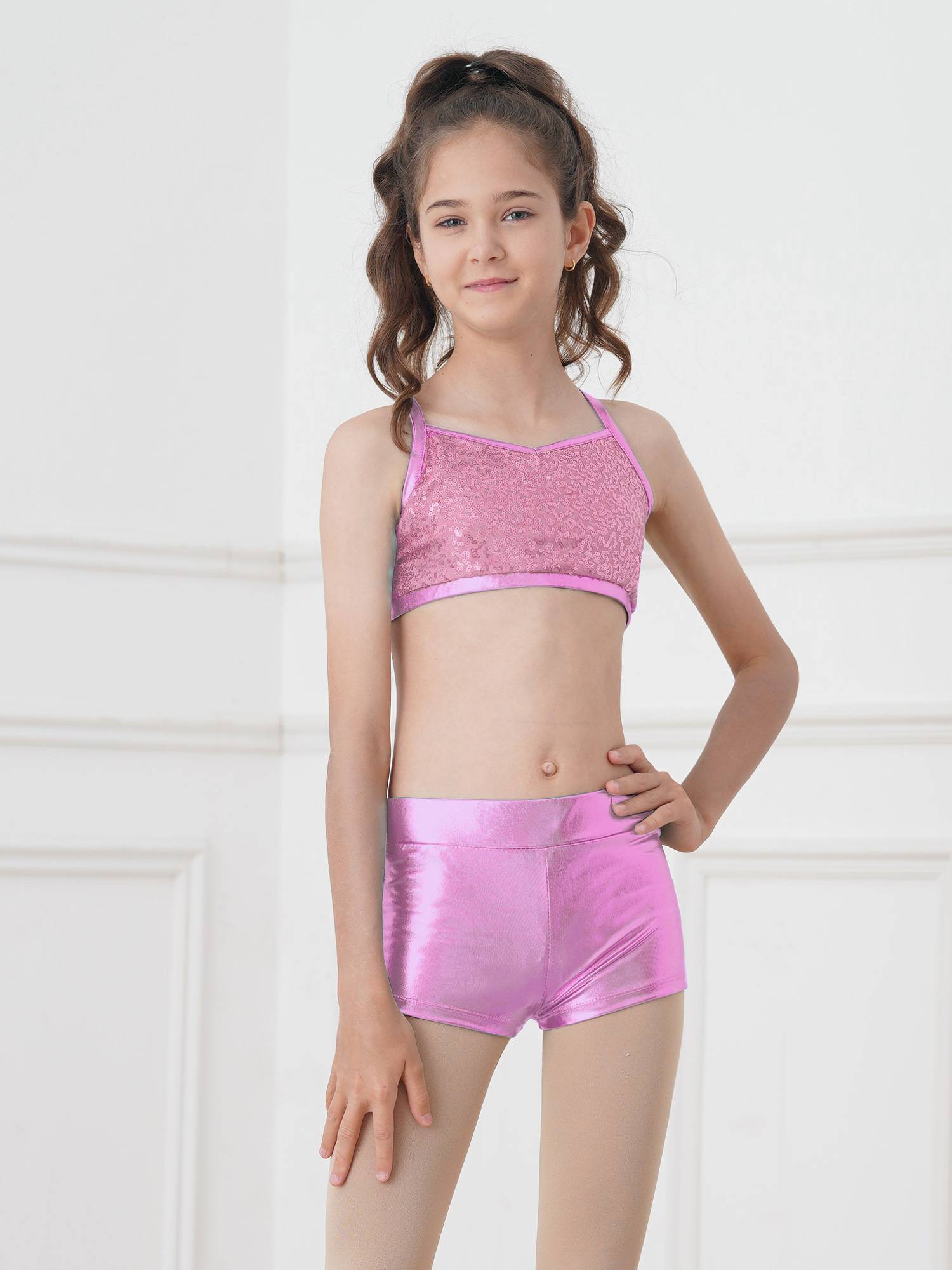 Kids Girls 2pcs Sequins Tank Top and Shorts Jazz Dance Sets