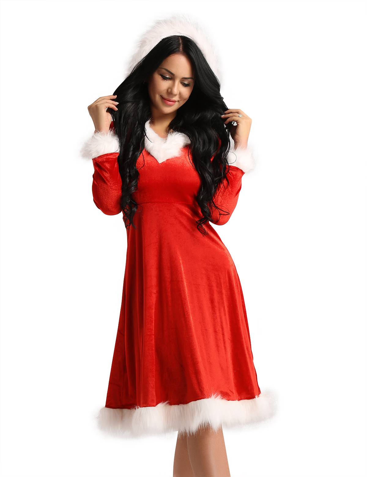 Women Christmas Velvet V-neck Long Sleeve Hooded A-line Dress