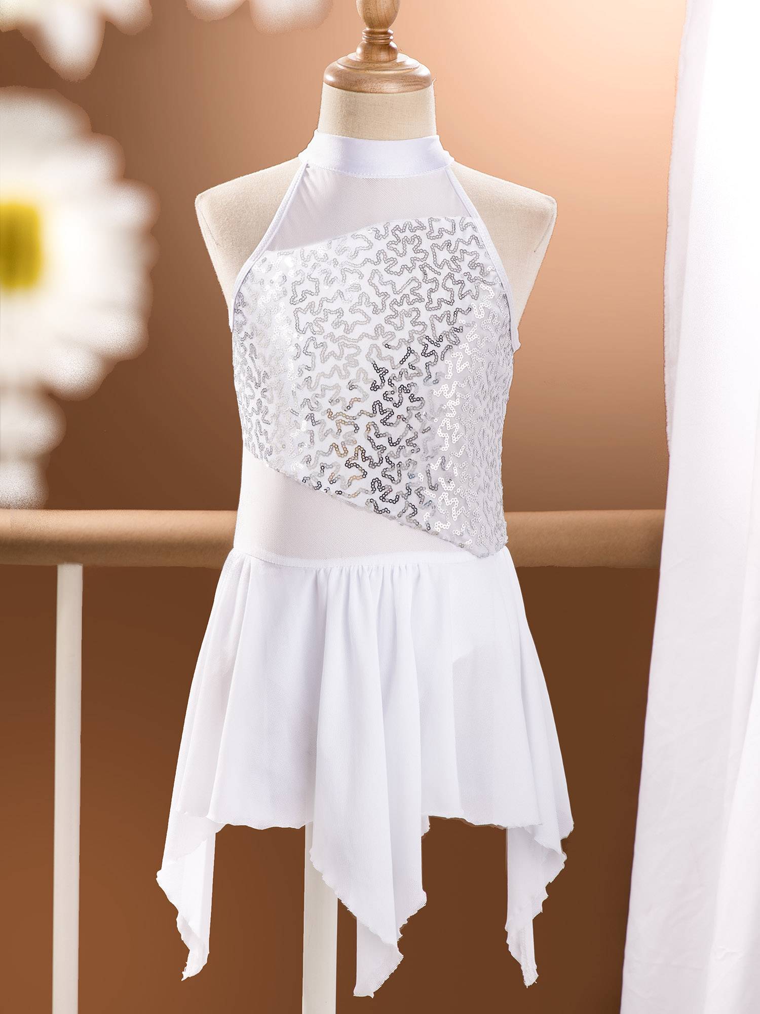 Kids Girls Sleeveless Sequins Leotard Dress for Lyrical Dance