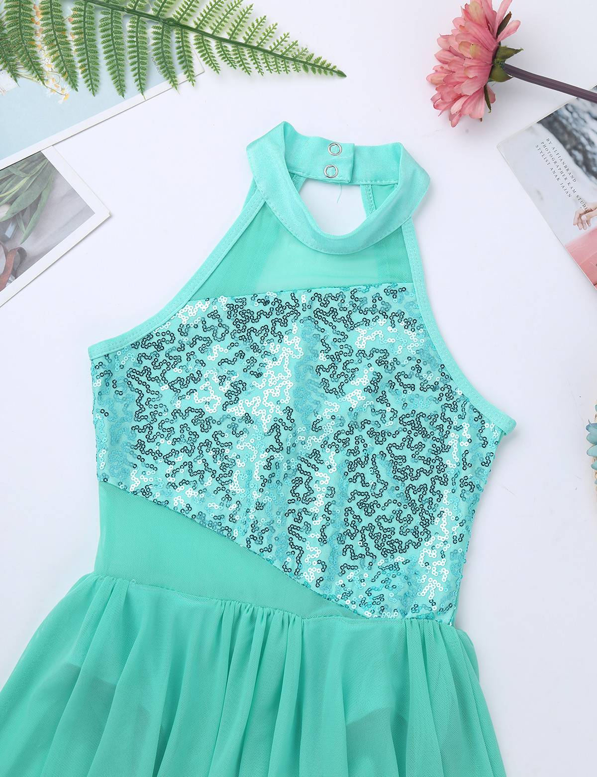 Kids Girls Sleeveless Sequins Leotard Dress for Lyrical Dance