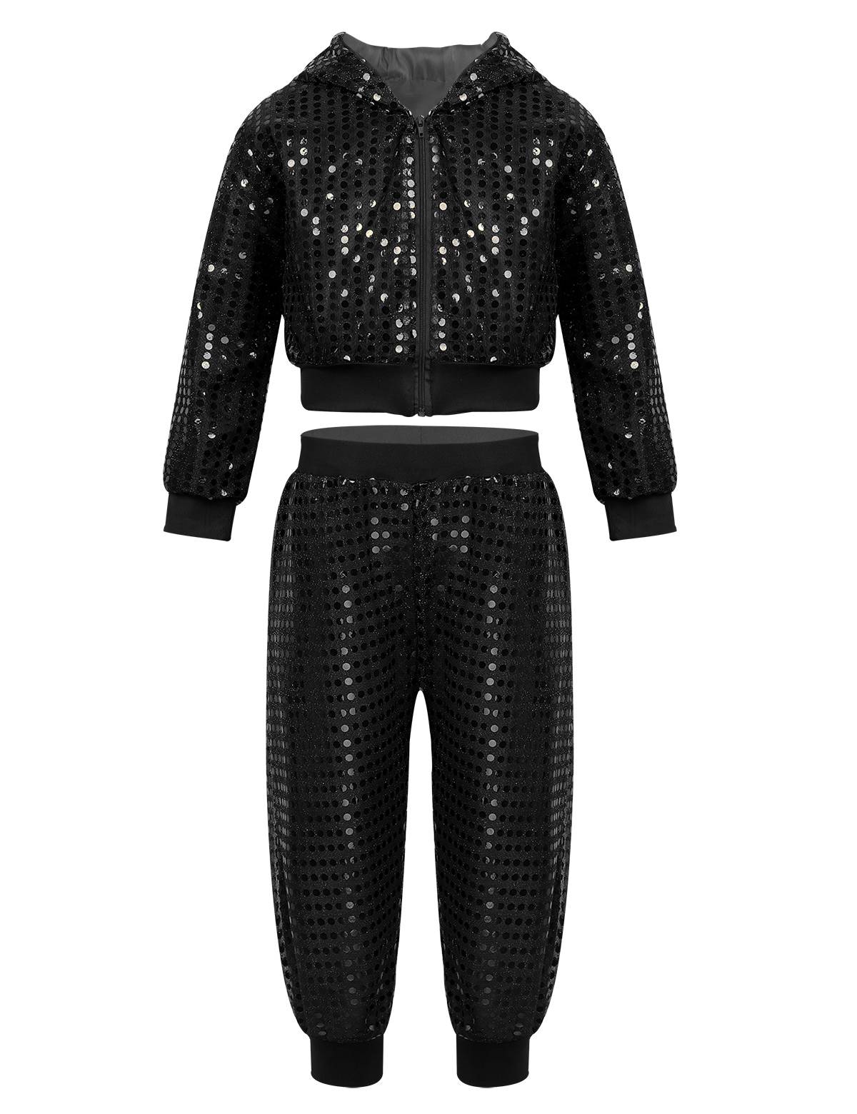 Kids Boys Girls Sequins Long Sleeve Hooded with Pants Hip-hop Jazz Dance Set