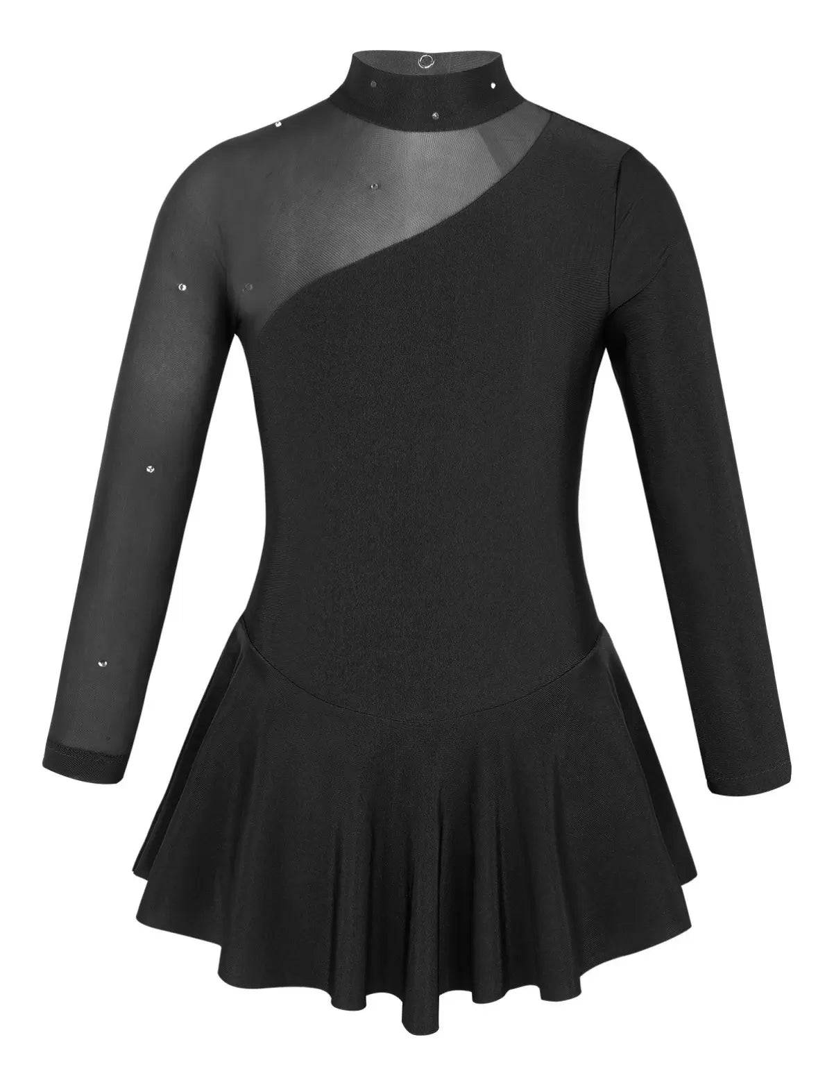 Kids Girls Long Sleeves Tulle Ice Skating Roller Skating Leotard Dress