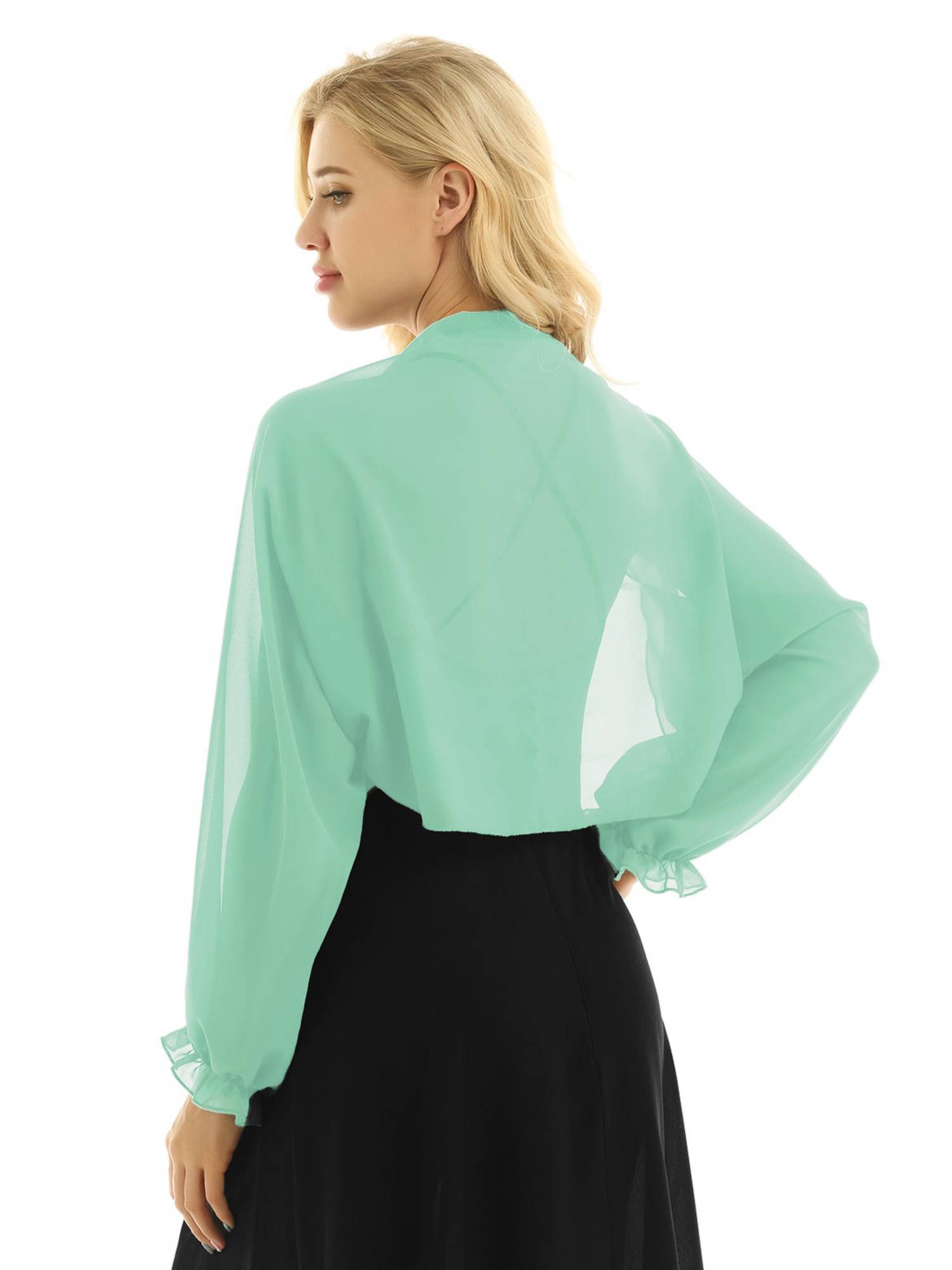 Women Sheer Chiffon Long Raglan Sleeve Open Front Kimono Cardigan