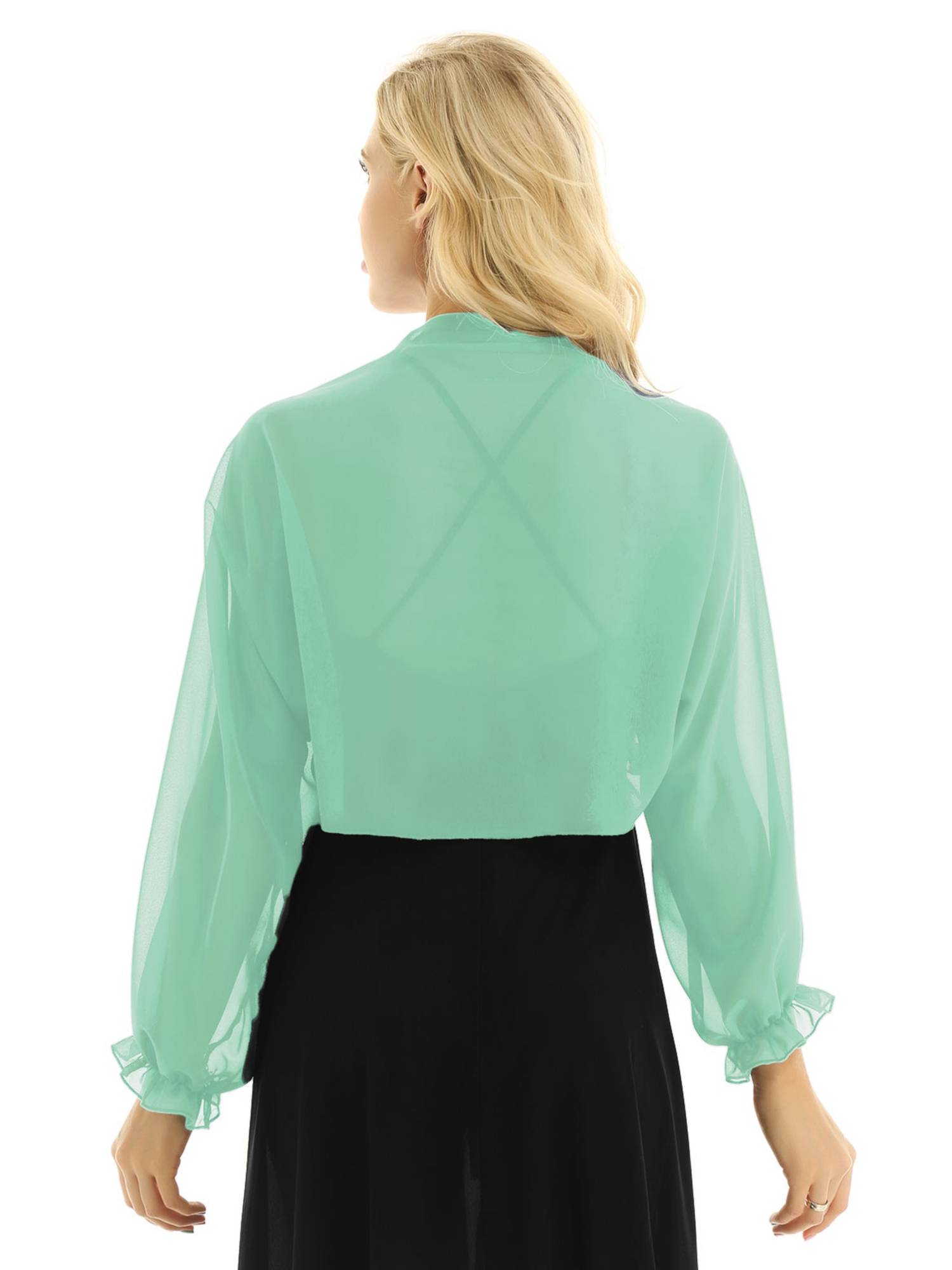 Women Sheer Chiffon Long Raglan Sleeve Open Front Kimono Cardigan