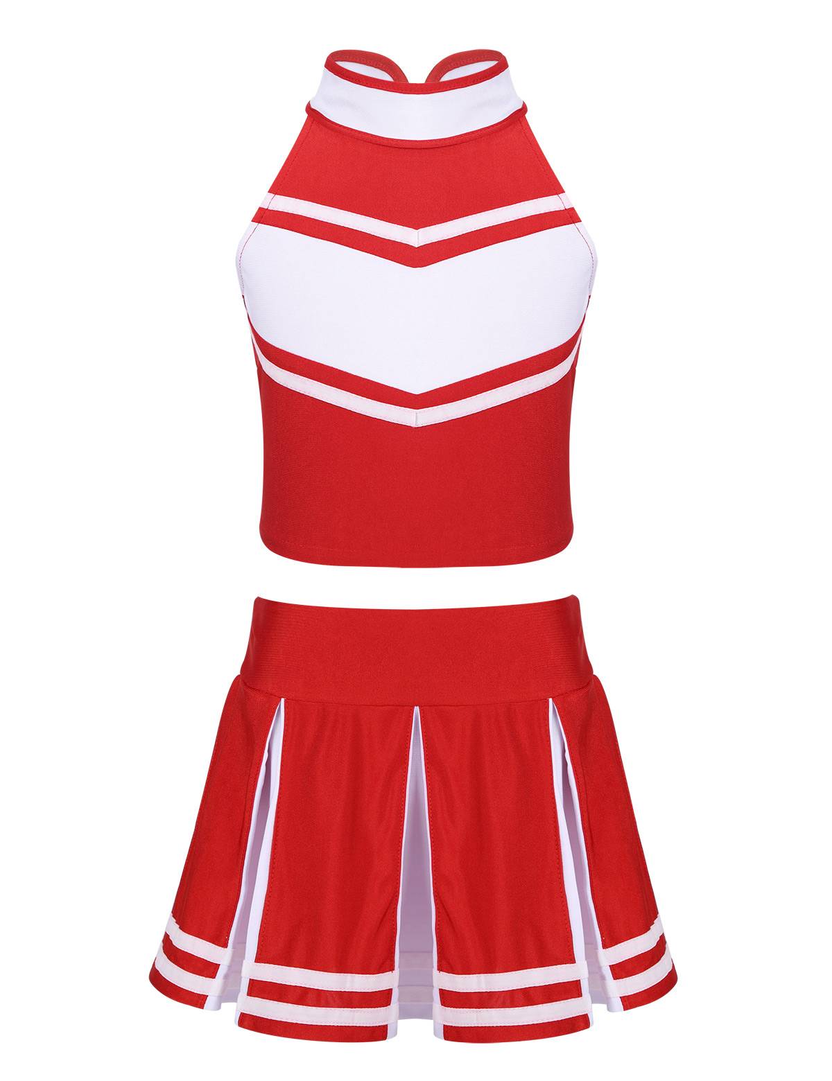 Kids Girls 2pcs Sleeveless Halter Neck Top and Pleated Skirt Cheerleading Set