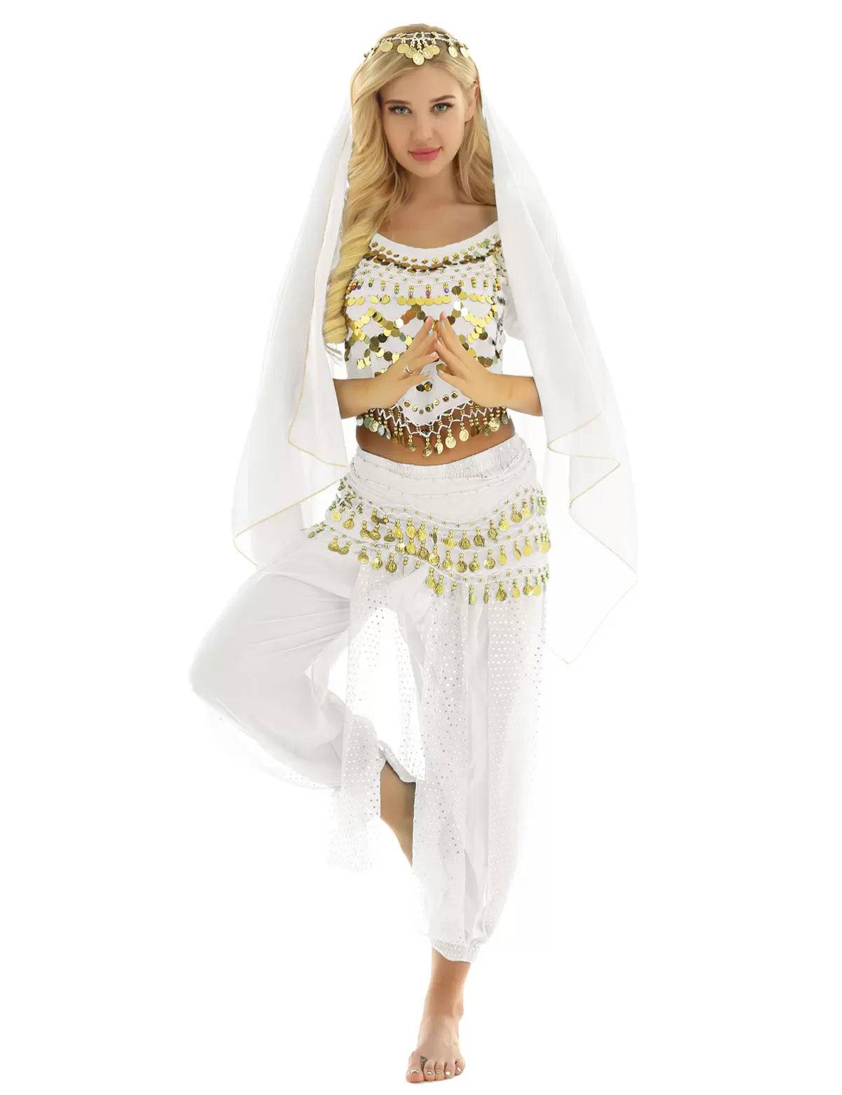 Women 4Pcs Belly Dance Puff Sleeve Sequin Crop Top with Pants Sets