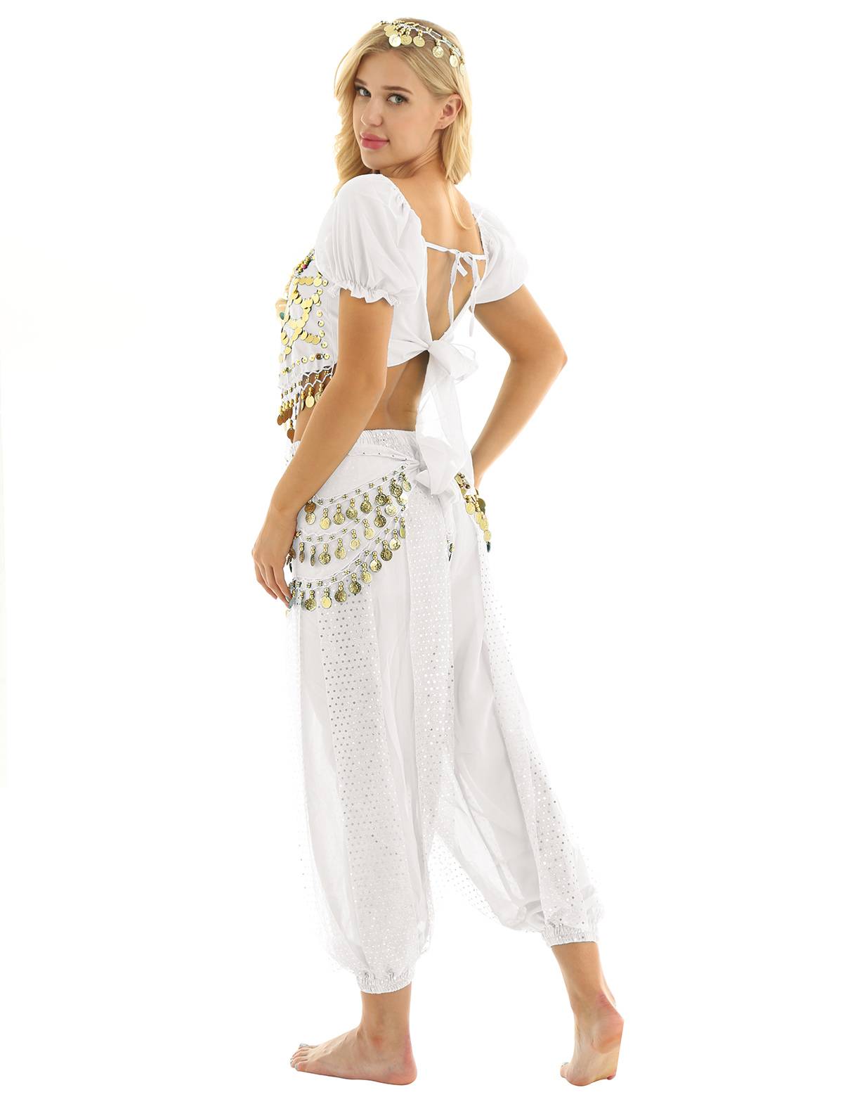 Women 4Pcs Belly Dance Puff Sleeve Sequin Crop Top with Pants Sets