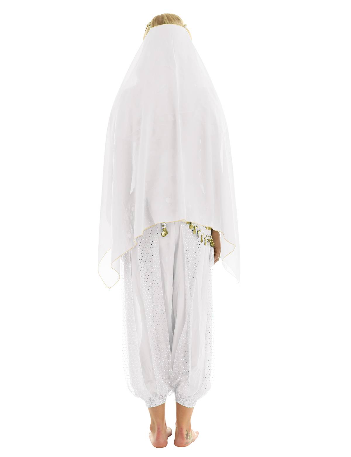 Women 4Pcs Belly Dance Puff Sleeve Sequin Crop Top with Pants Sets