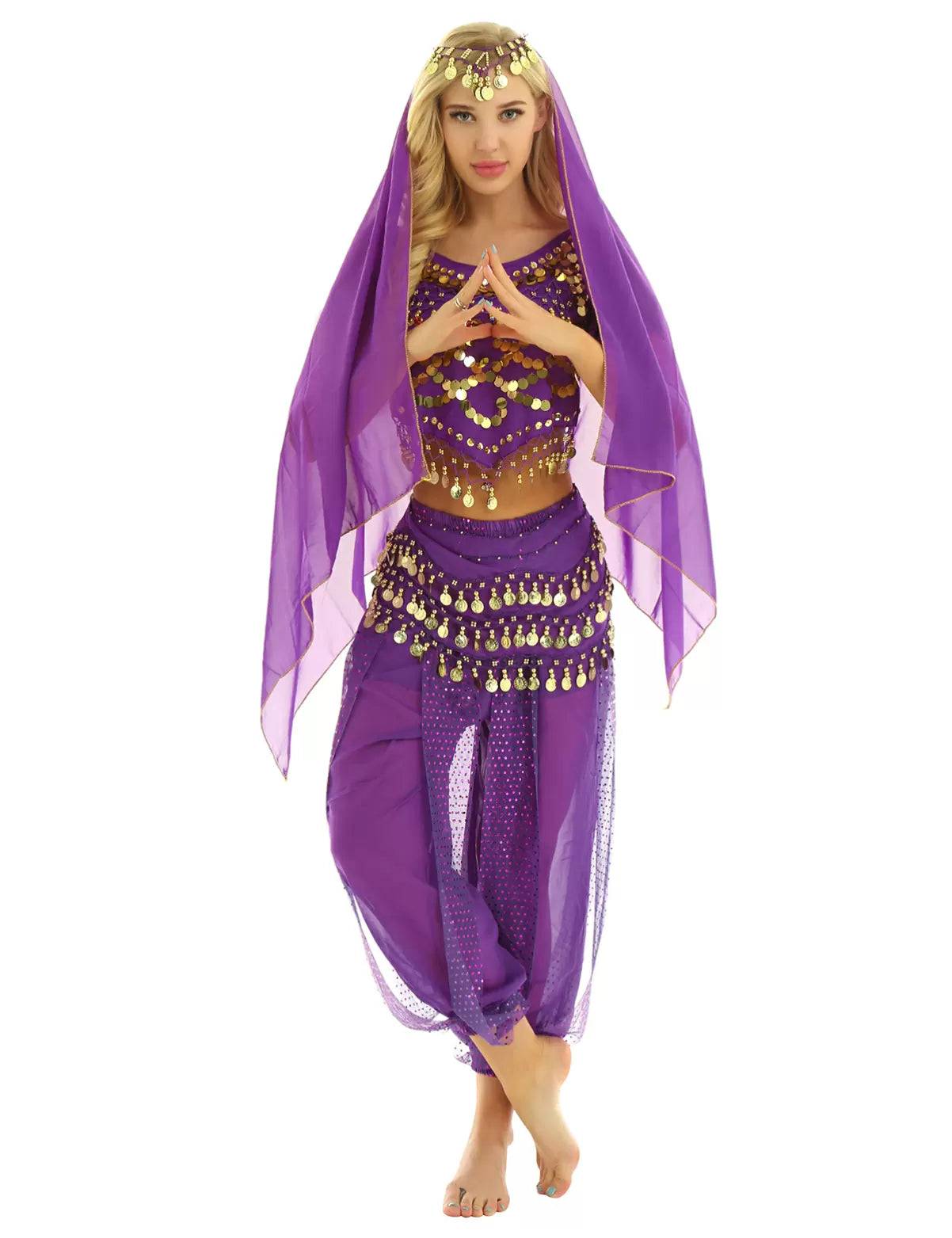 Women 4Pcs Belly Dance Puff Sleeve Sequin Crop Top with Pants Sets