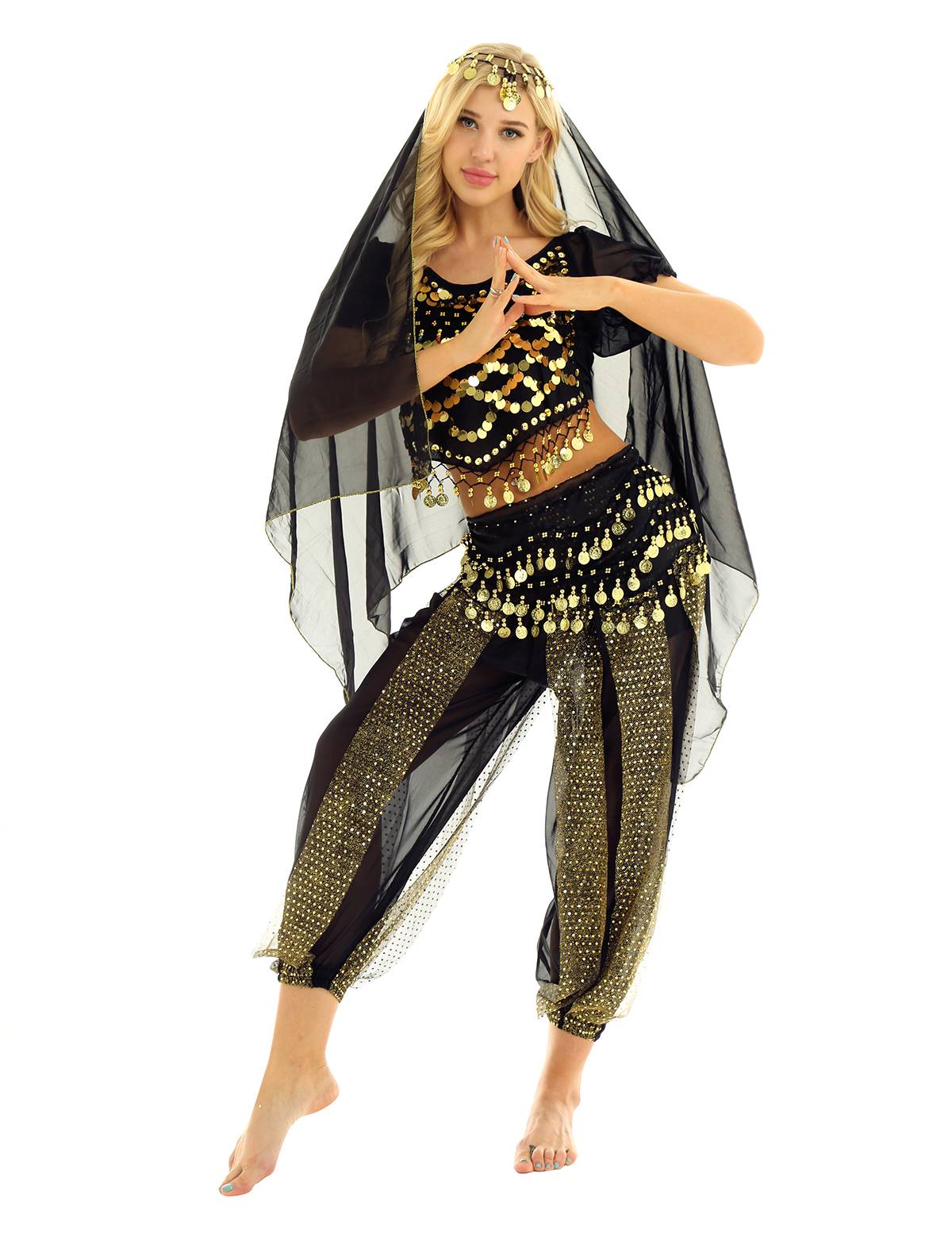 Women 4Pcs Belly Dance Puff Sleeve Sequin Crop Top with Pants Sets