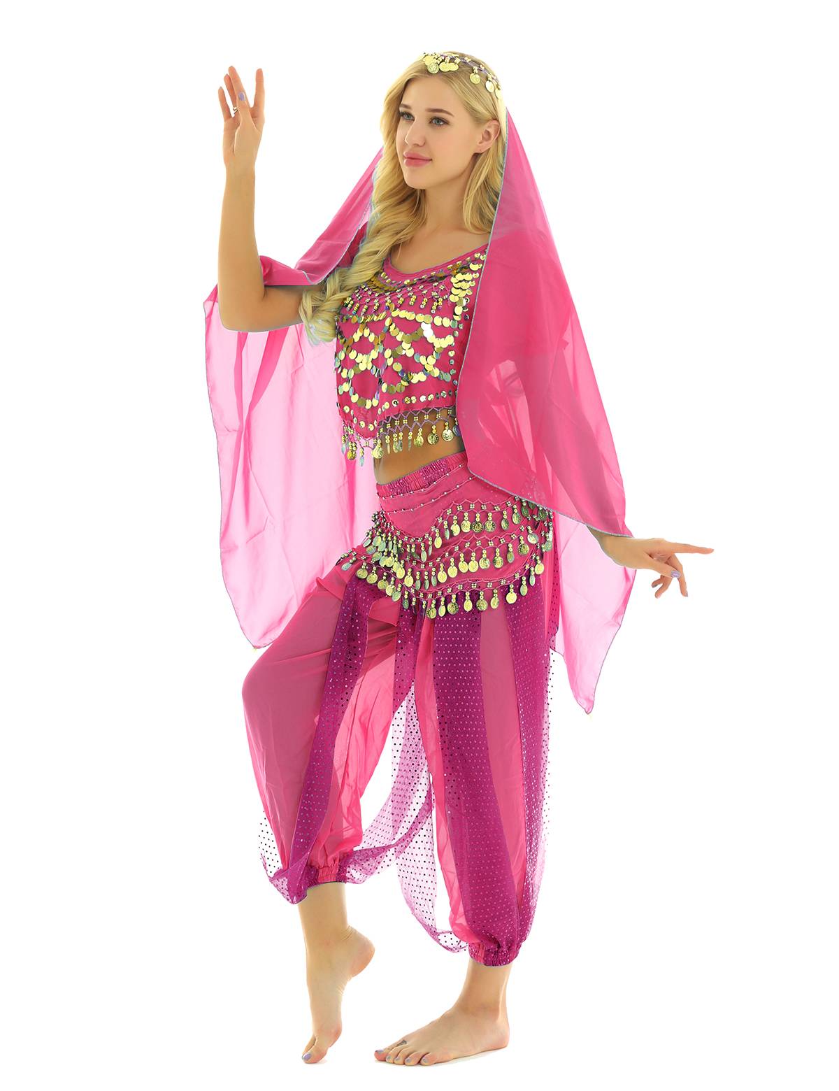 Women 4Pcs Belly Dance Puff Sleeve Sequin Crop Top with Pants Sets