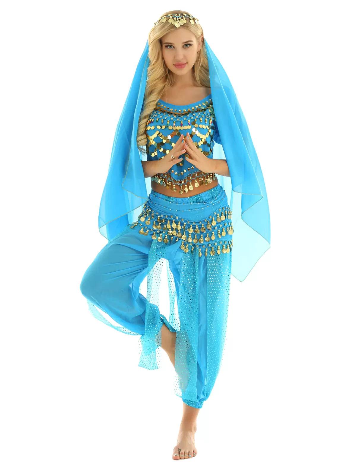Women 4Pcs Belly Dance Puff Sleeve Sequin Crop Top with Pants Sets