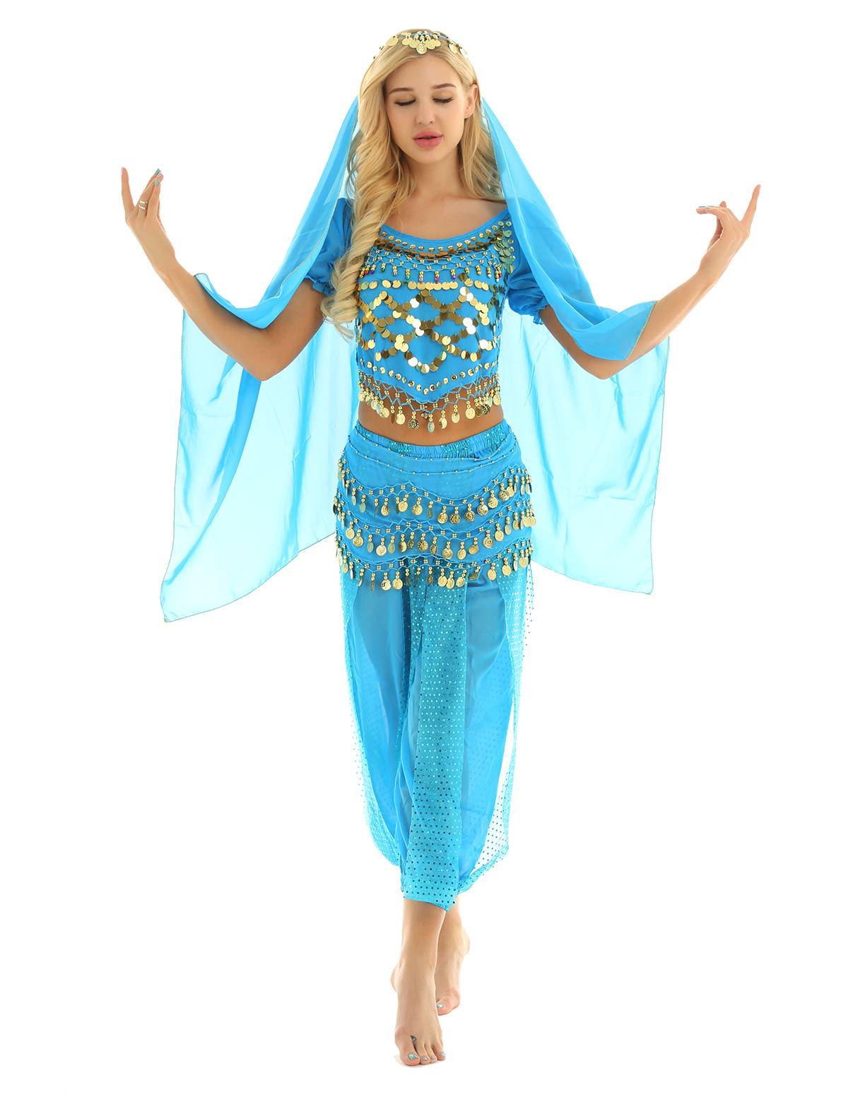 Women 4Pcs Belly Dance Puff Sleeve Sequin Crop Top with Pants Sets
