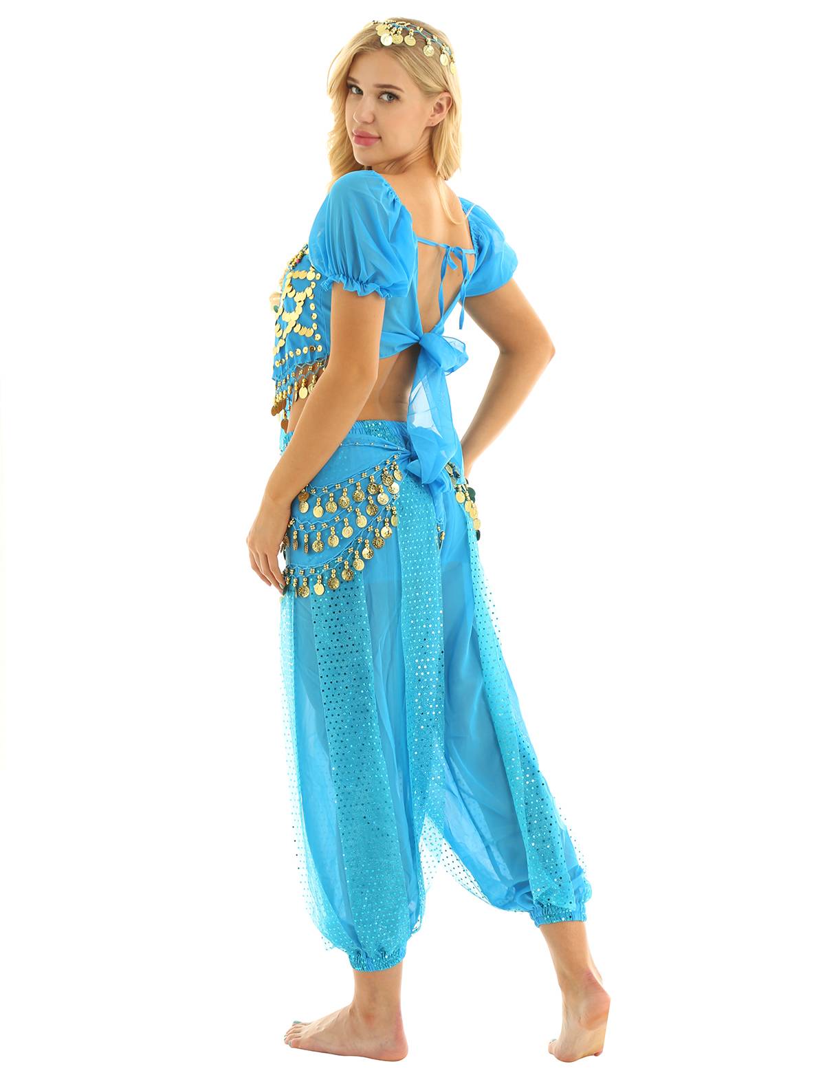 Women 4Pcs Belly Dance Puff Sleeve Sequin Crop Top with Pants Sets
