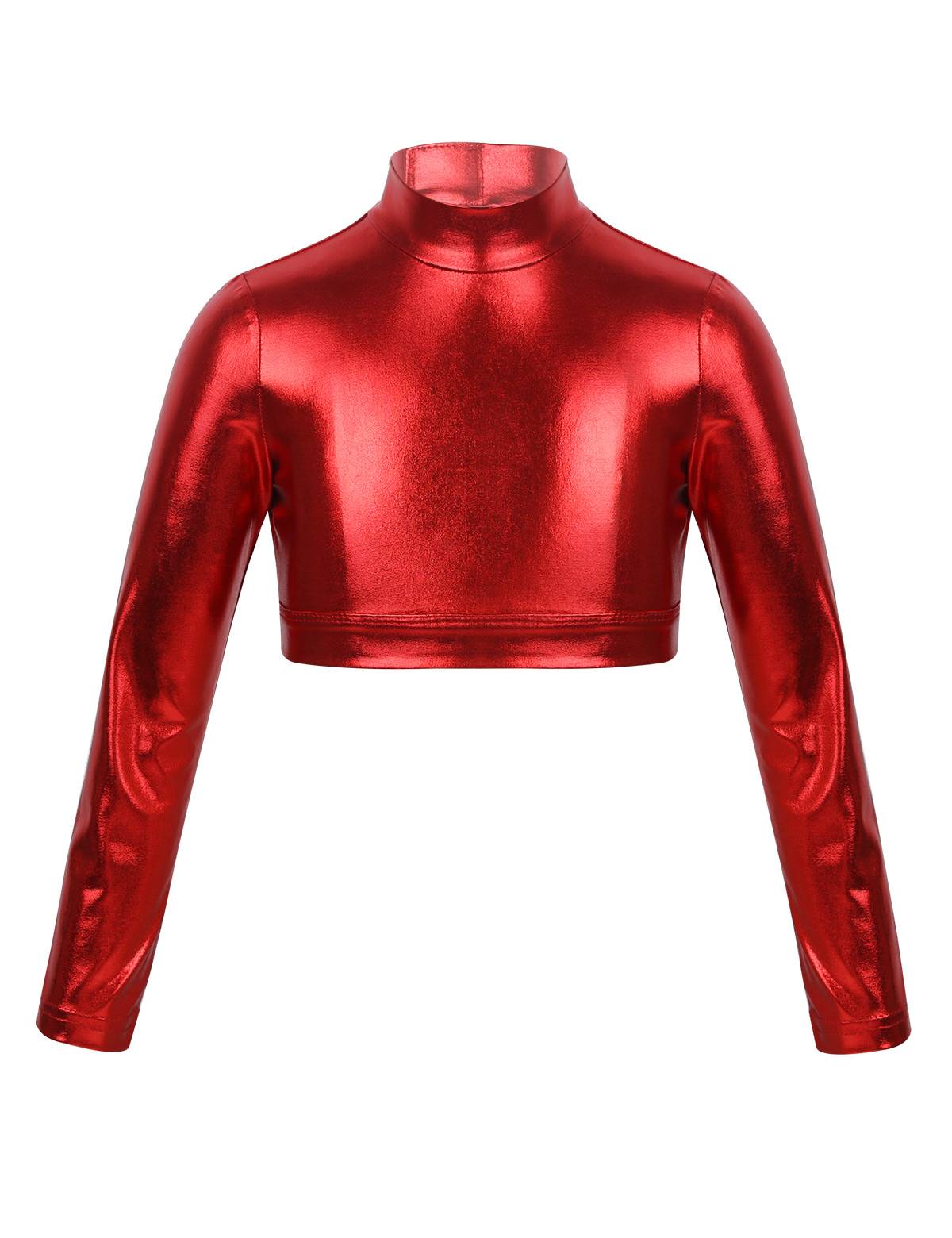 Kids Girls Long Sleeves Mock Neck Glossy Metallic Dance Crop Top