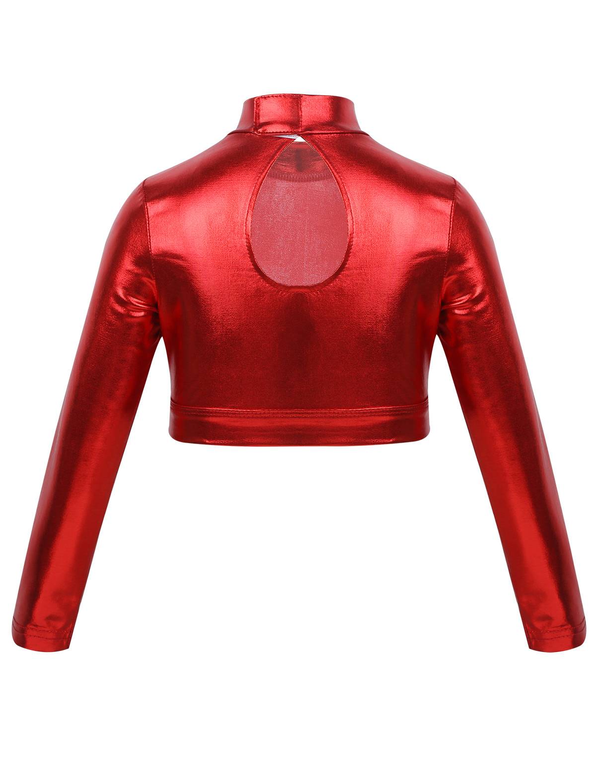 Kids Girls Long Sleeves Mock Neck Glossy Metallic Dance Crop Top