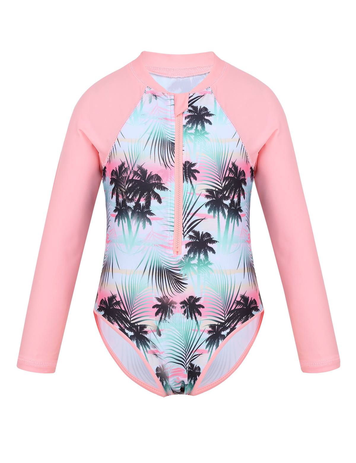 Kids Girls One-piece Long Sleeves Floral Printed Rash Guard Swimsuit