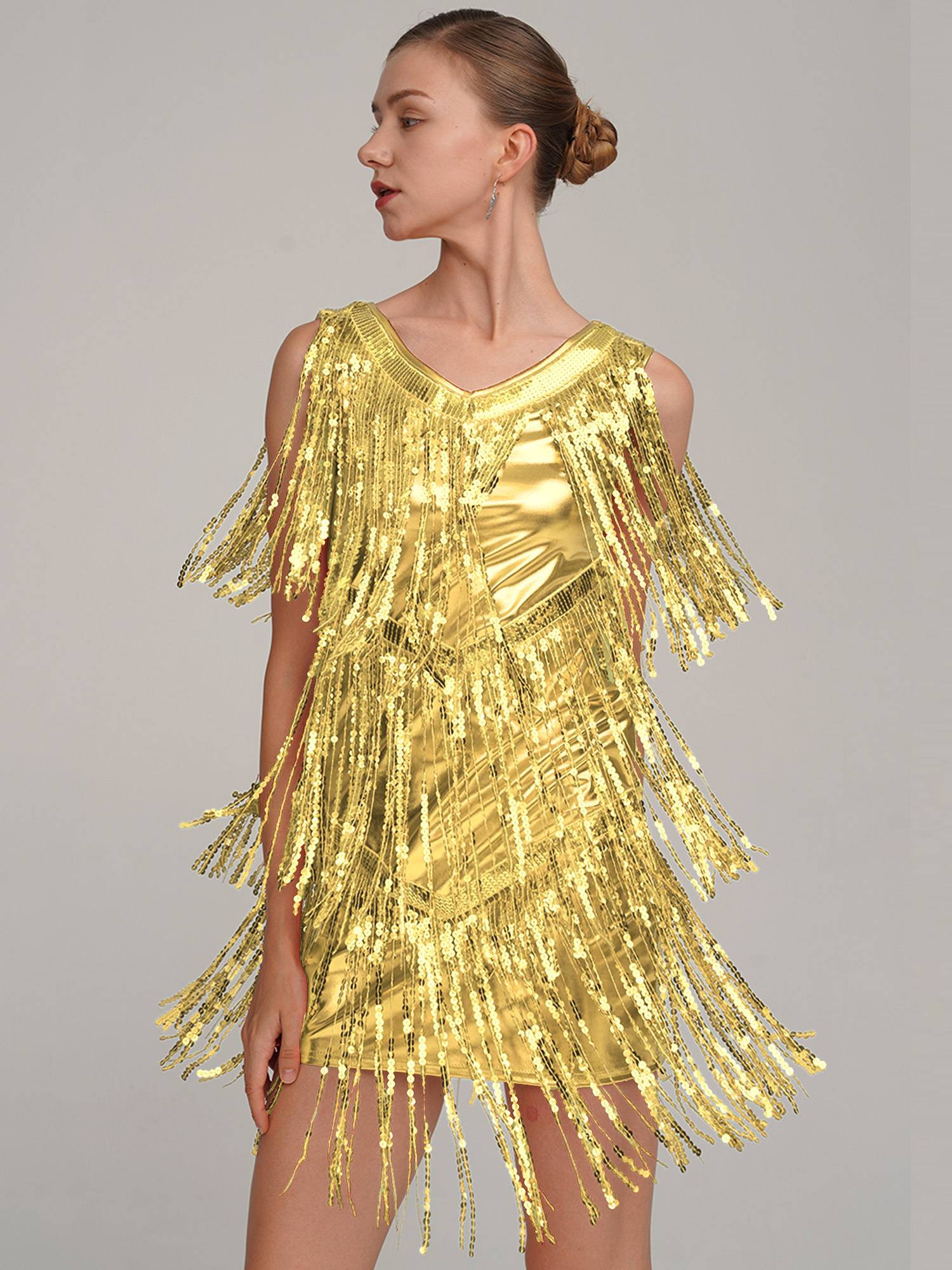 Women Sleeveless Sequin Tassels Ballroom Latin Dance Dress