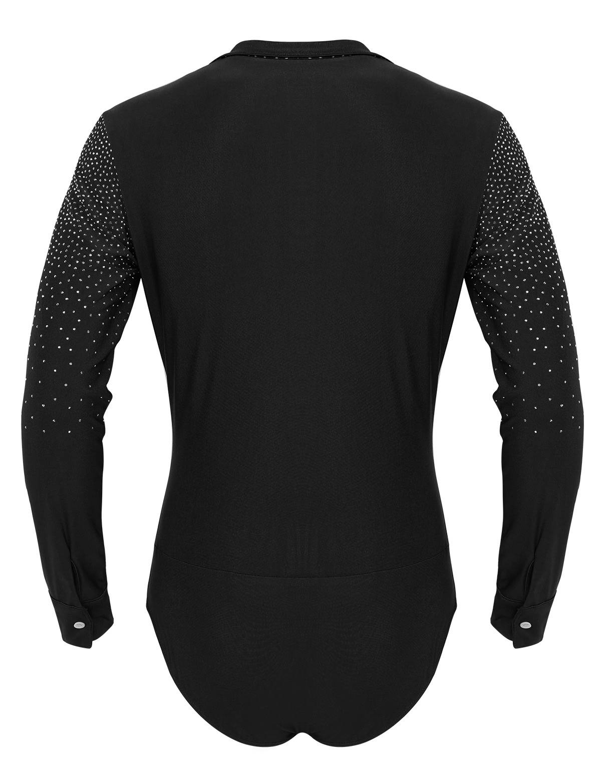 Men Shiny Rhinestones V-neck Long Sleeve Latin Dance Shirt Leotard
