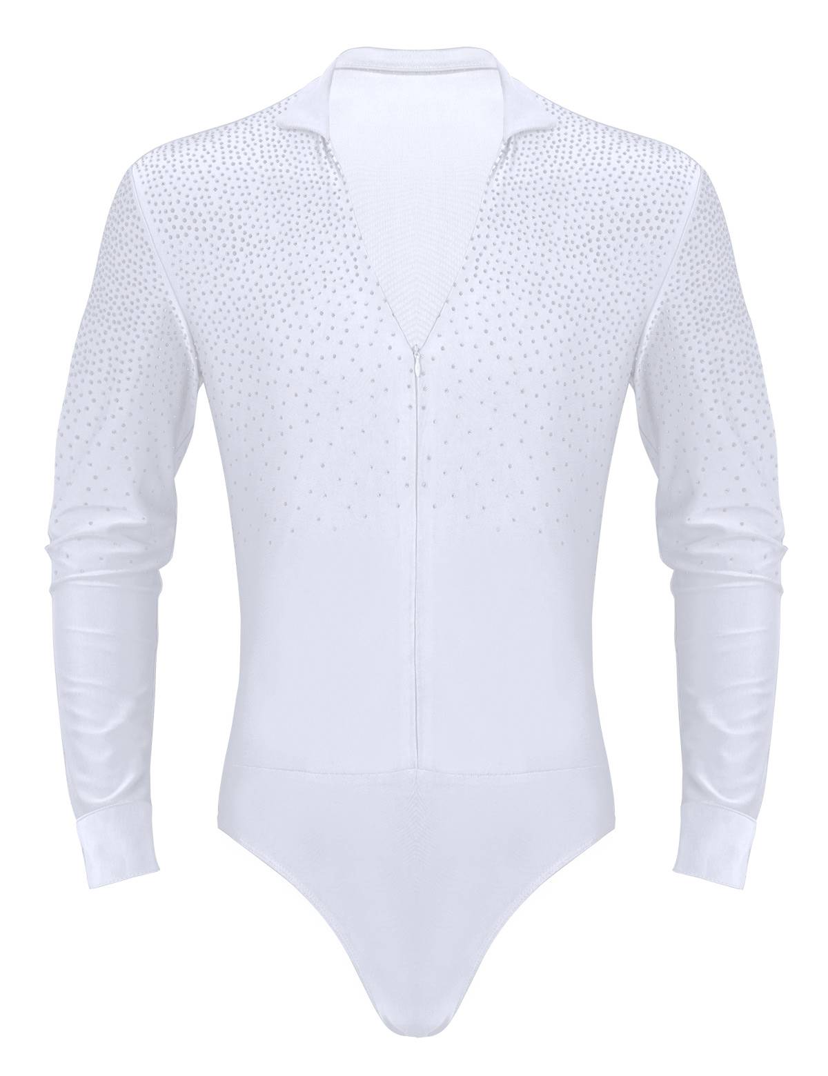 Men Shiny Rhinestones V-neck Long Sleeve Latin Dance Shirt Leotard