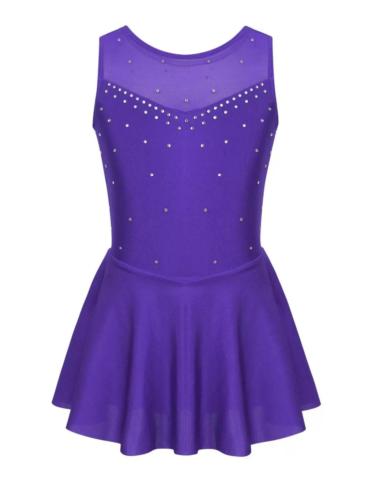 Kids Girls Sleeveless Sparkly Rhinestone Tulle Skating Leotard Dress