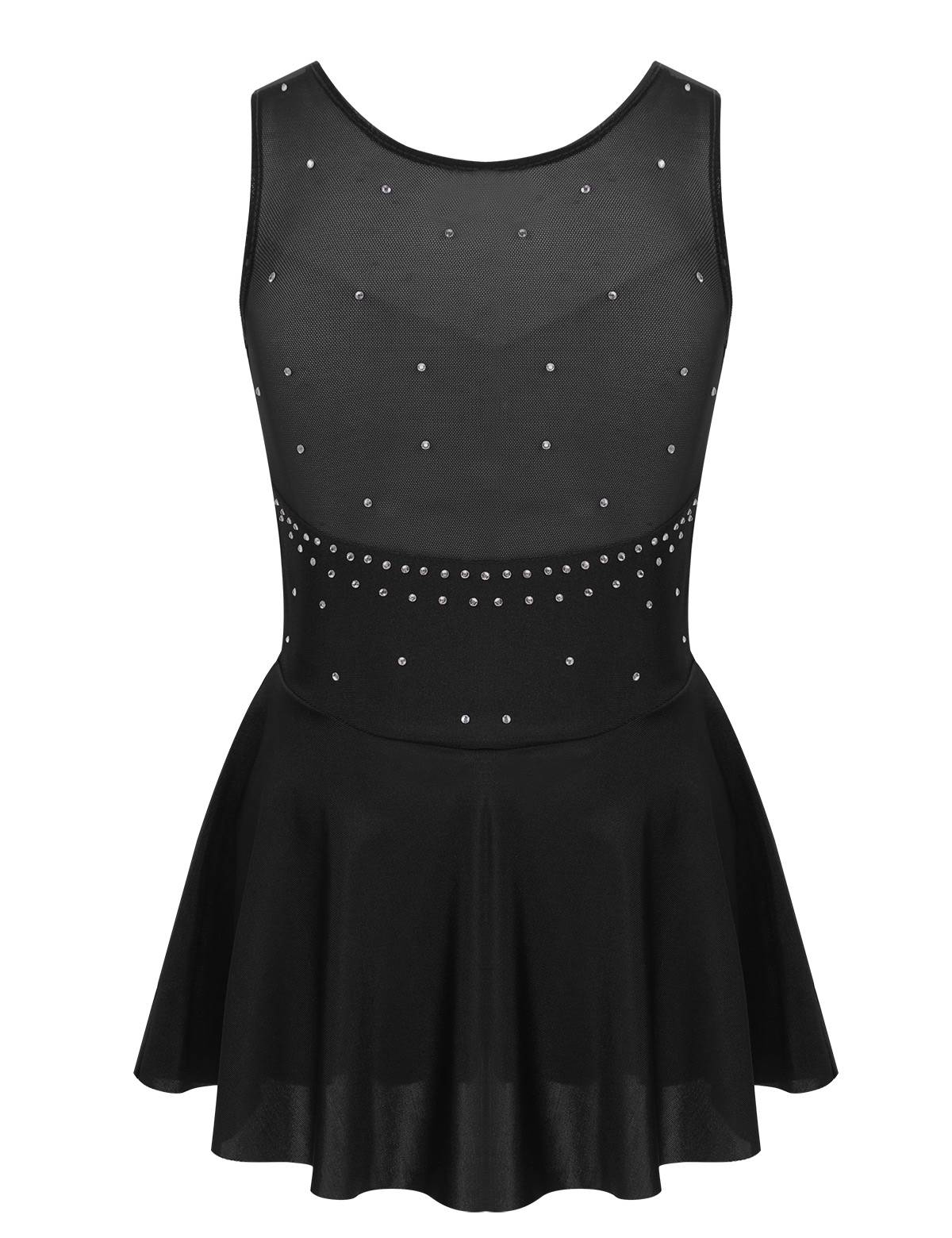 Kids Girls Sleeveless Sparkly Rhinestone Tulle Skating Leotard Dress