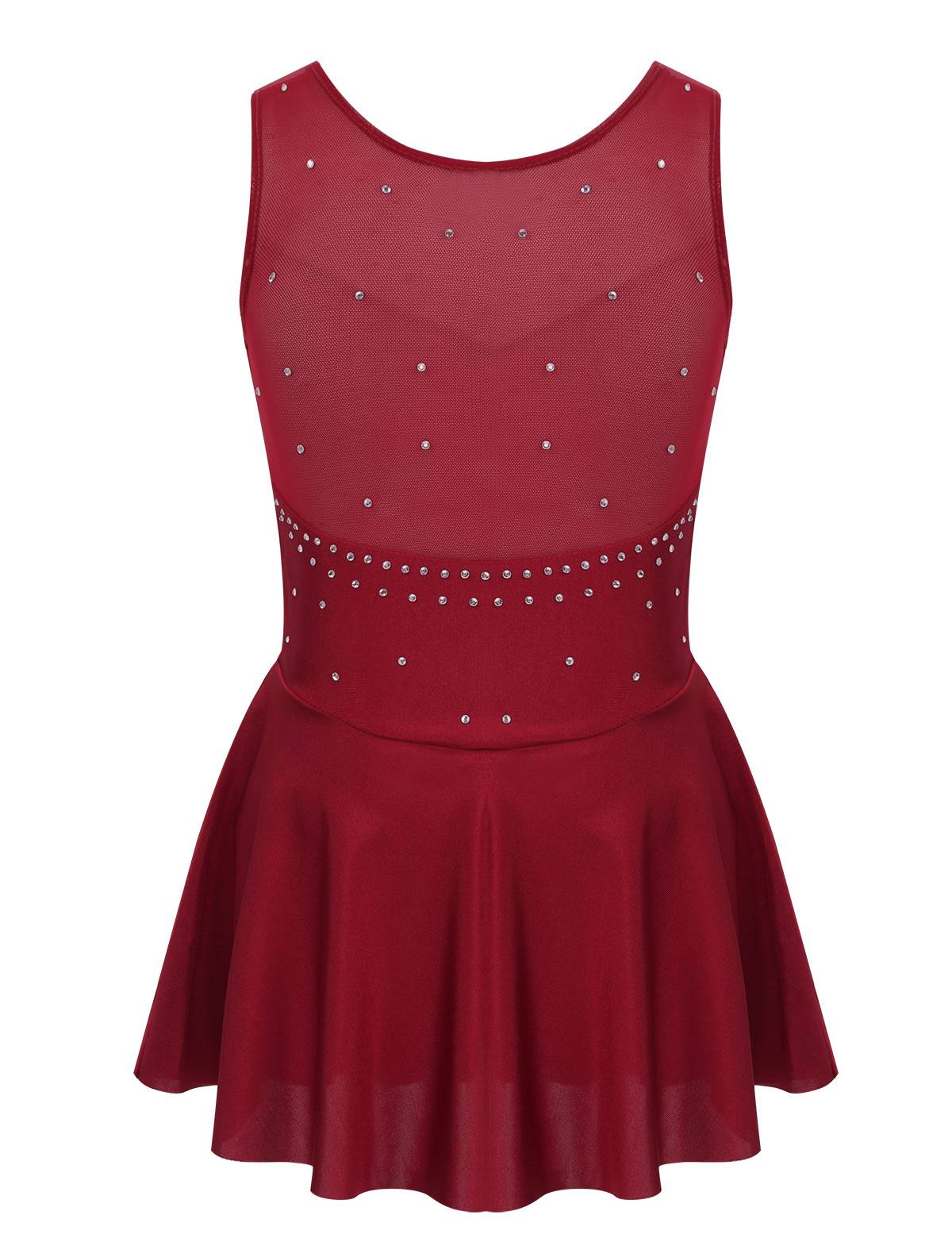 Kids Girls Sleeveless Sparkly Rhinestone Tulle Skating Leotard Dress