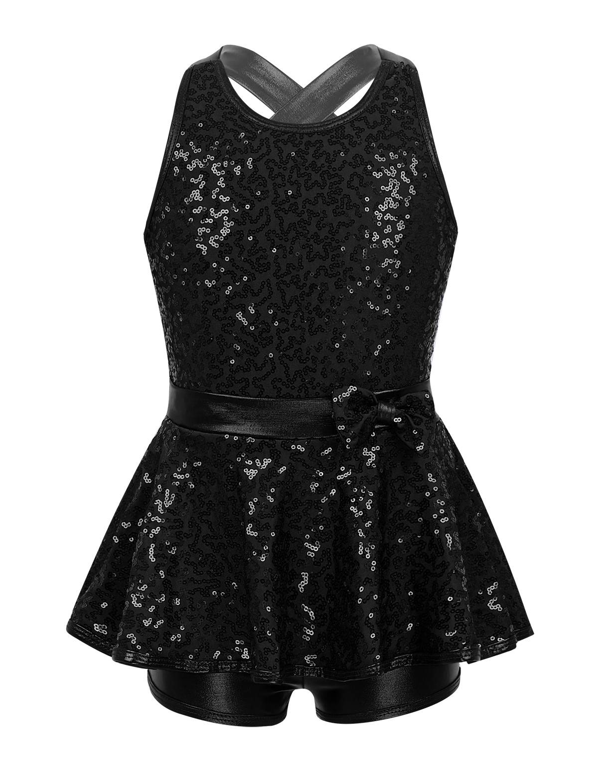 Kids Girls Backless Sequined Bowknot Jazz Tap Dance Leotard Dress