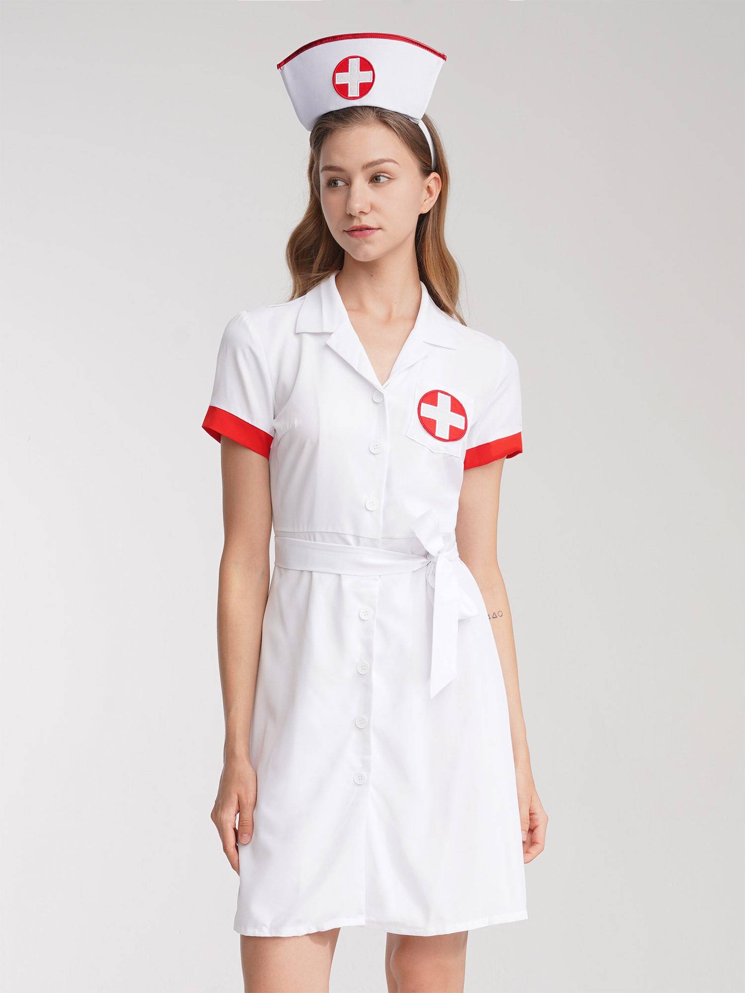 Women Lapel Collar Short Sleeve Dress Nurse Fancy Dress Costume Outfit