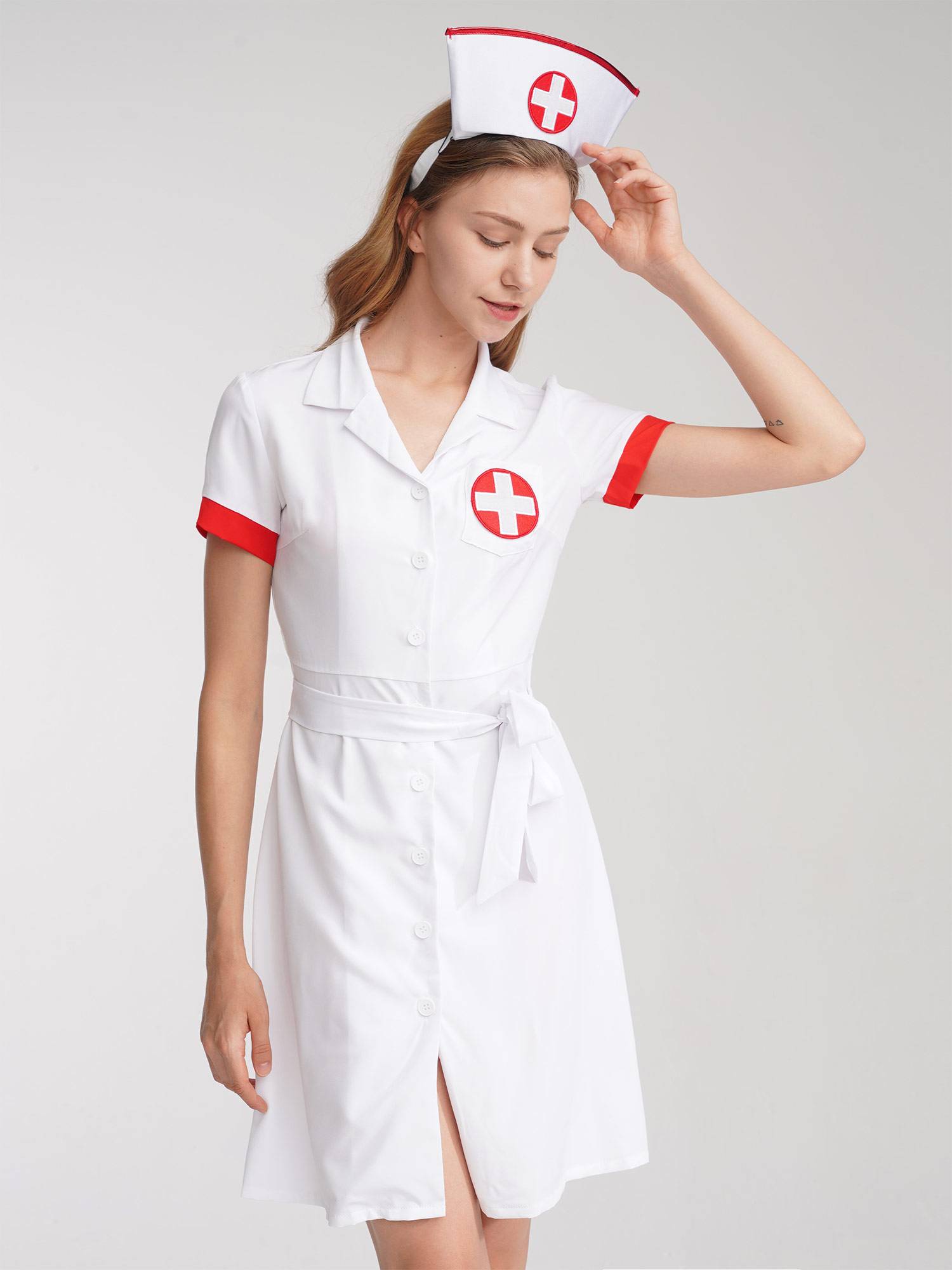 Women Lapel Collar Short Sleeve Dress Nurse Fancy Dress Costume Outfit