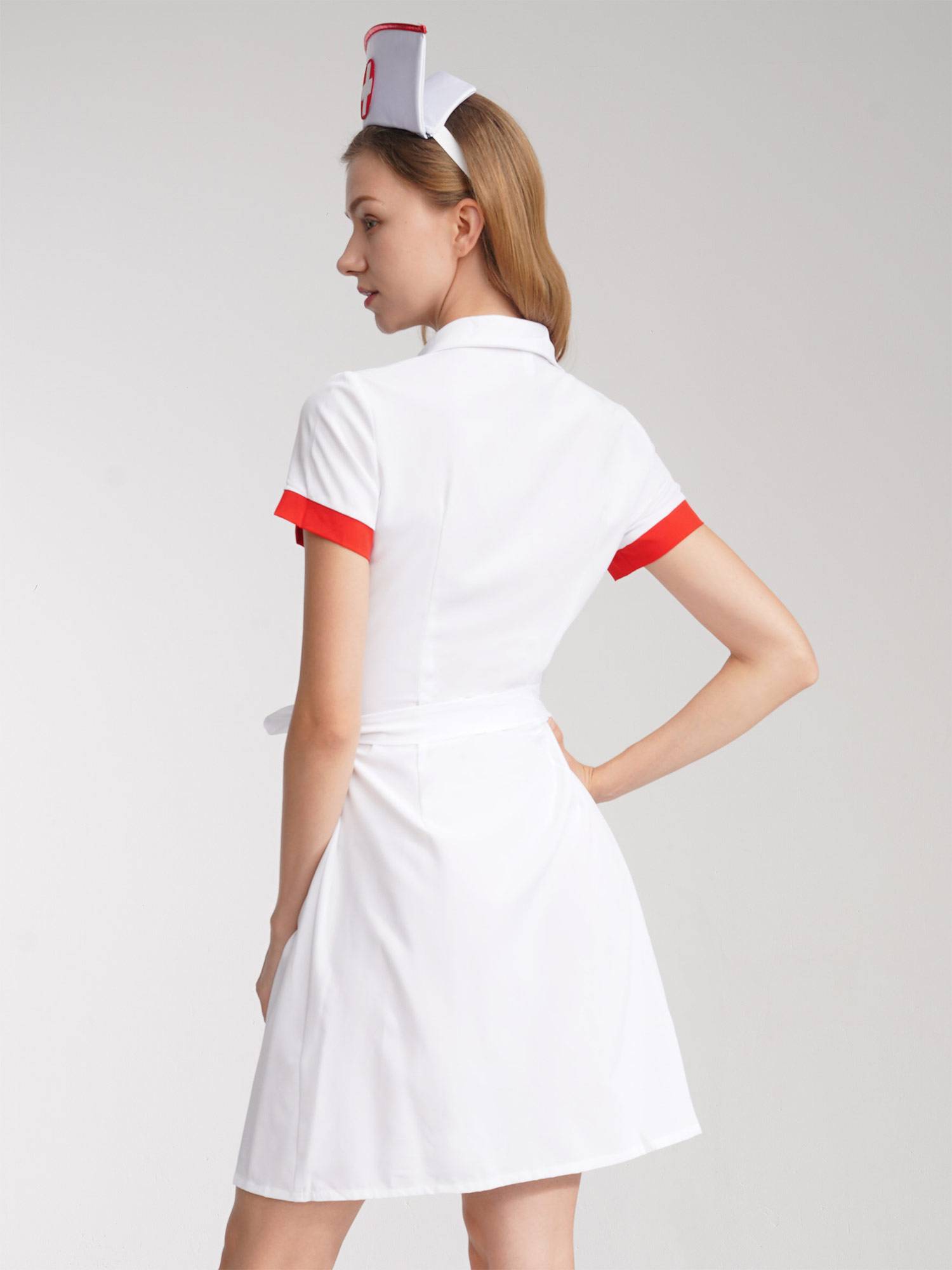 Women Lapel Collar Short Sleeve Dress Nurse Fancy Dress Costume Outfit