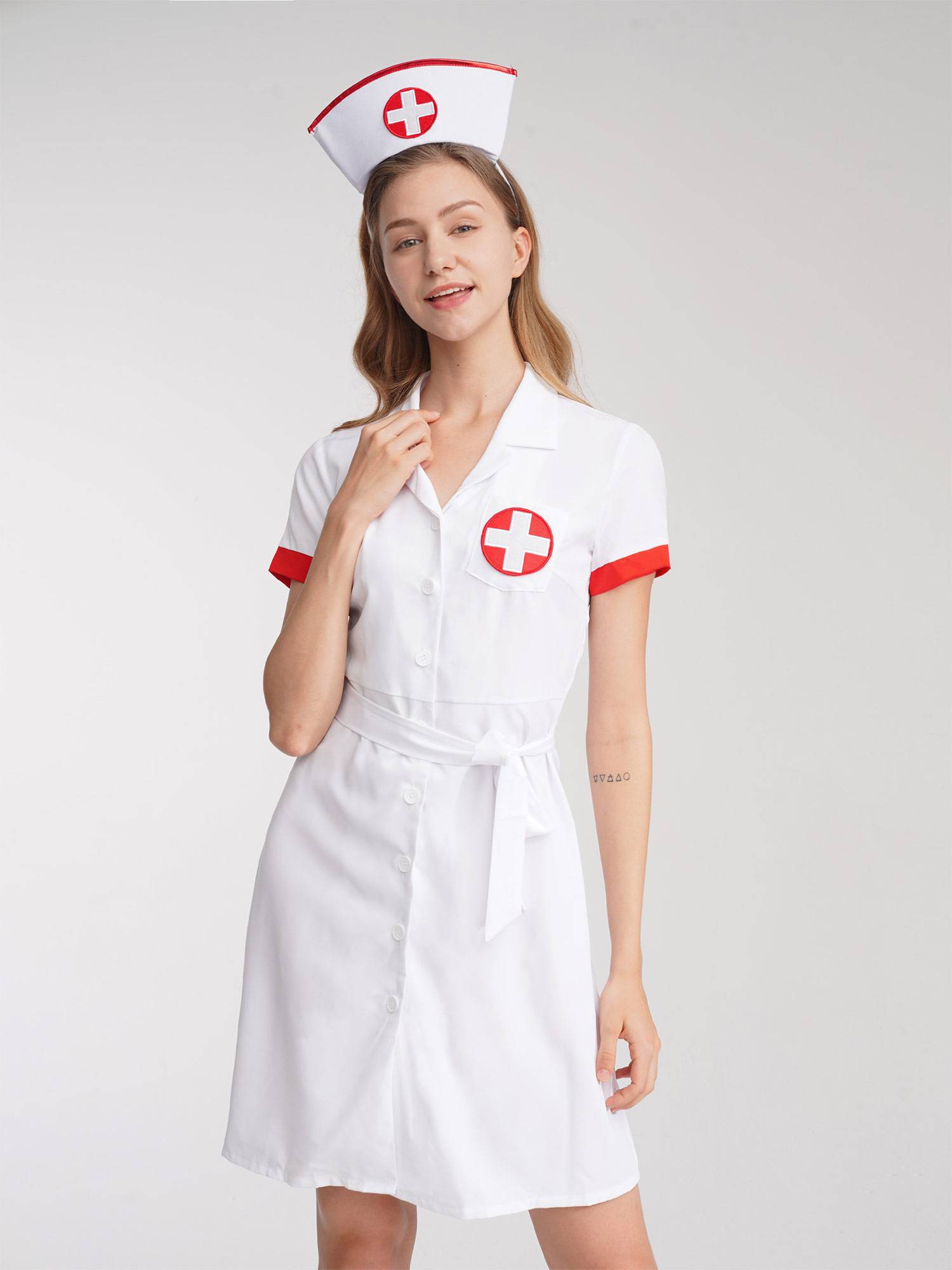 Women Lapel Collar Short Sleeve Dress Nurse Fancy Dress Costume Outfit