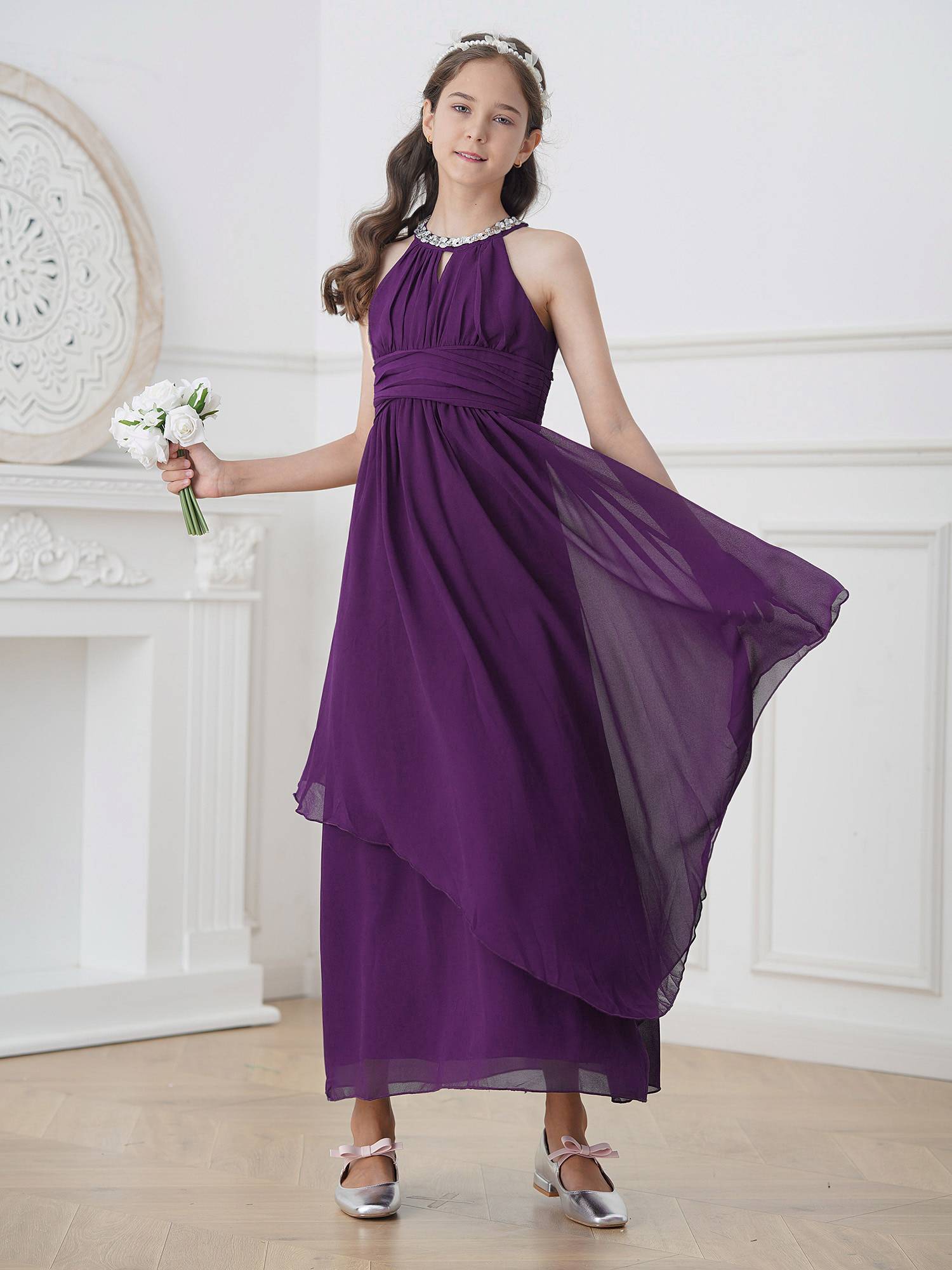 Toddler/Kids Girls Sequined Halter Ruffled Dress