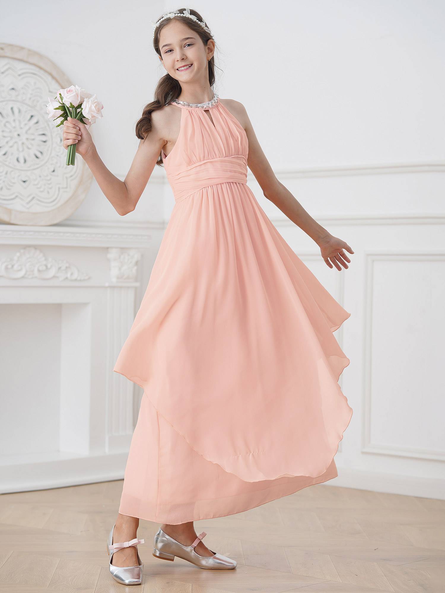 Toddler/Kids Girls Sequined Halter Ruffled Dress