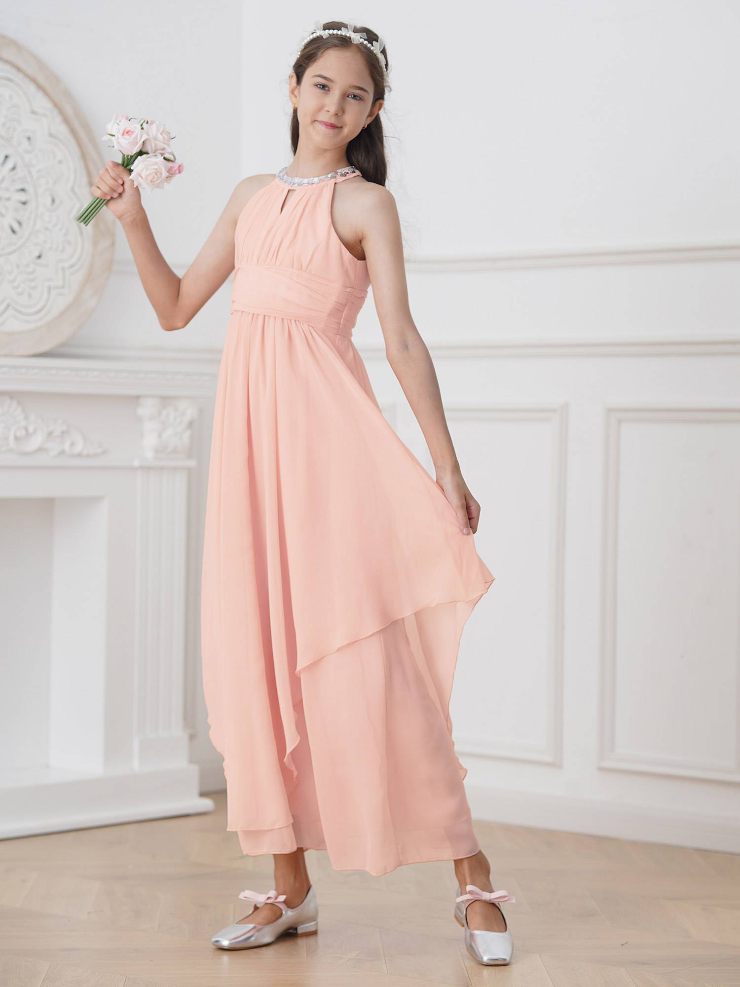 Toddler/Kids Girls Sequined Halter Ruffled Dress