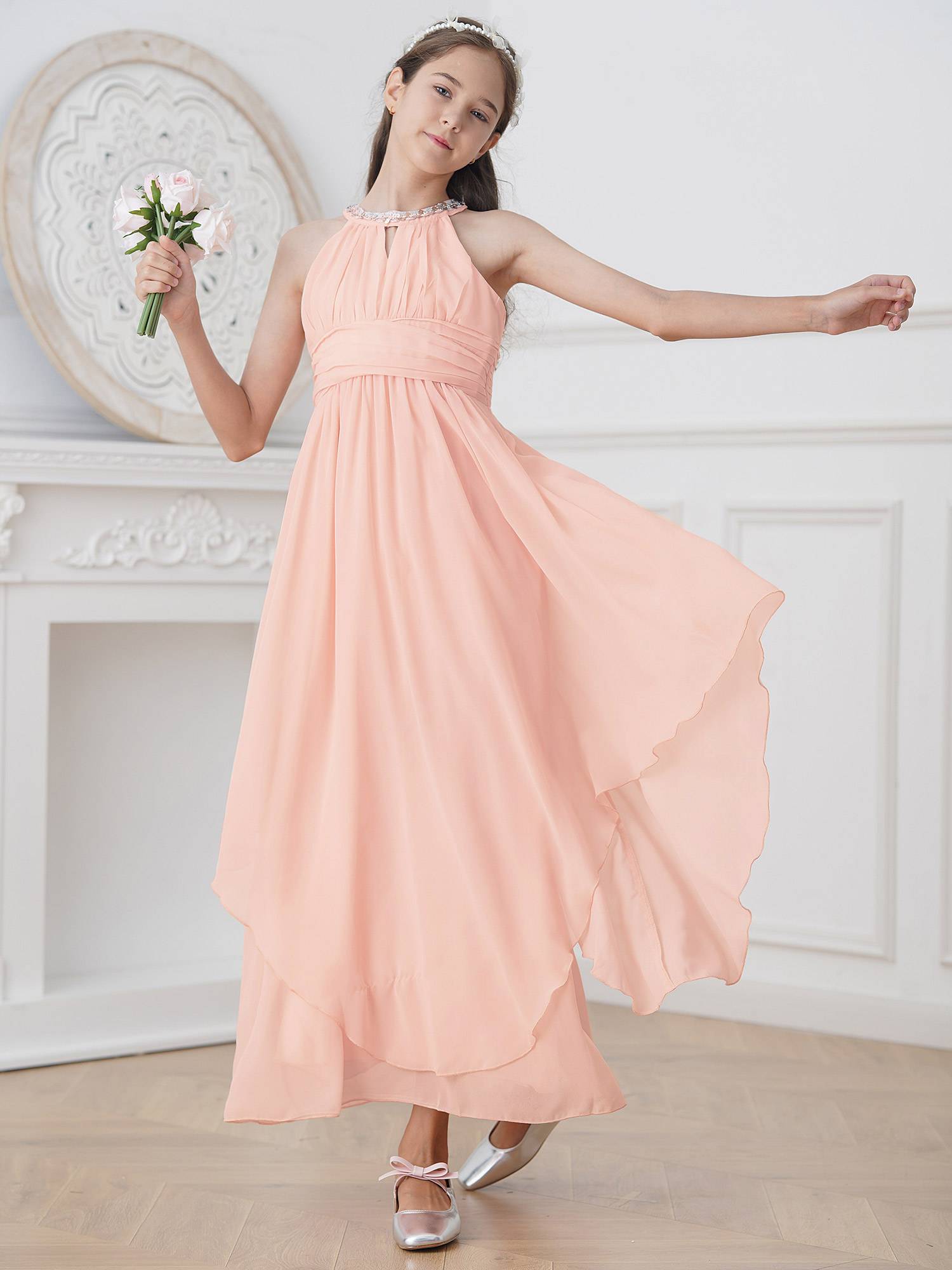Toddler/Kids Girls Sequined Halter Ruffled Dress