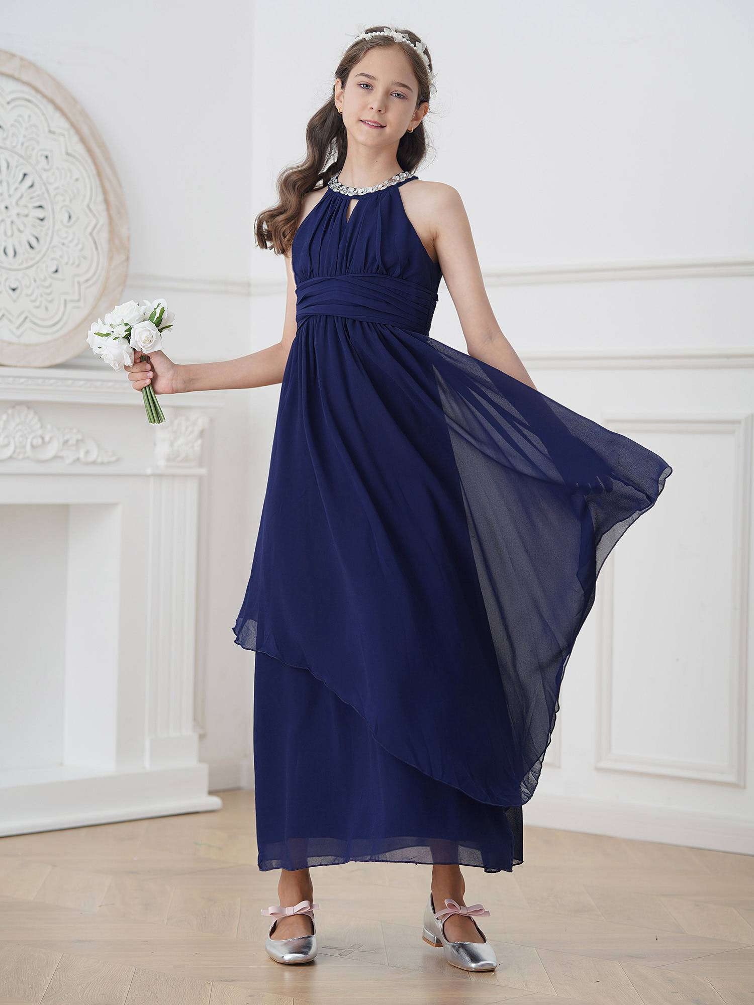 Toddler/Kids Girls Sequined Halter Ruffled Dress