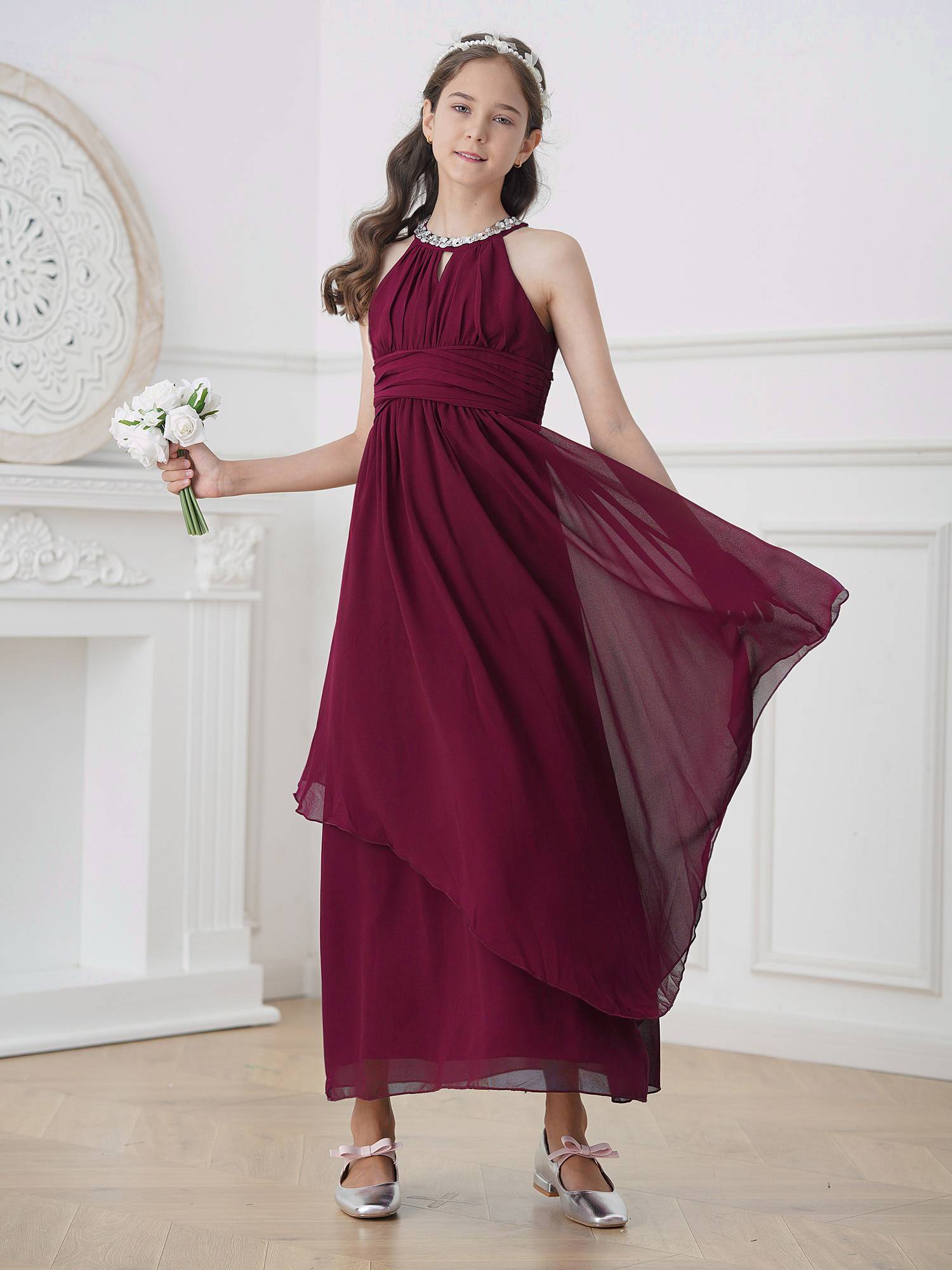 Toddler/Kids Girls Sequined Halter Ruffled Dress