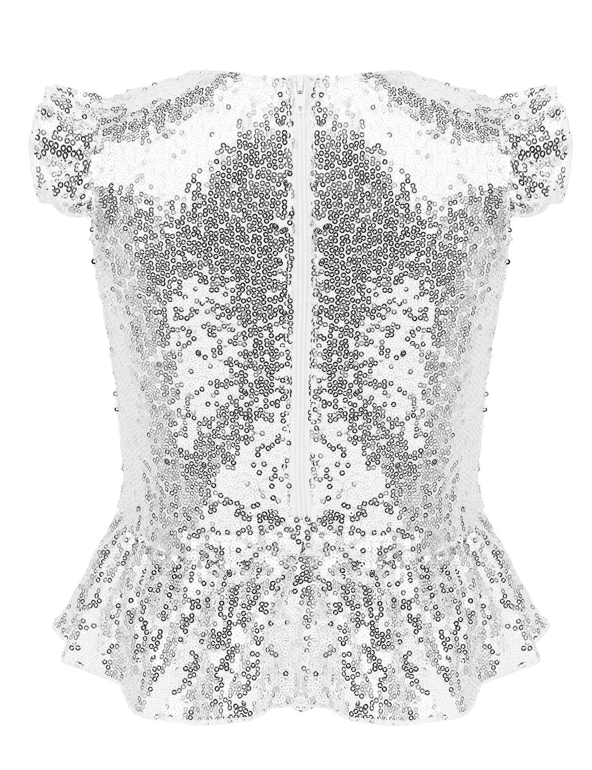 Kids Girls Mermaid Costume Sequins Flutter Sleeves Peplum Top