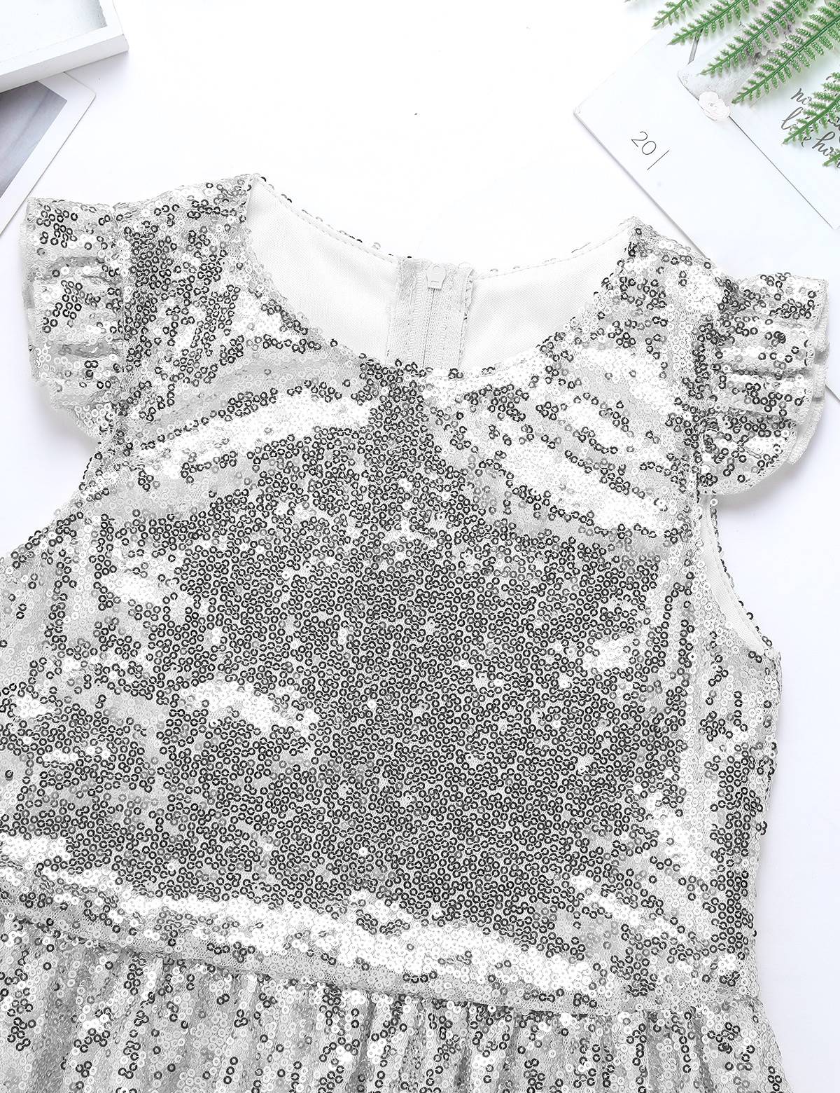 Kids Girls Mermaid Costume Sequins Flutter Sleeves Peplum Top