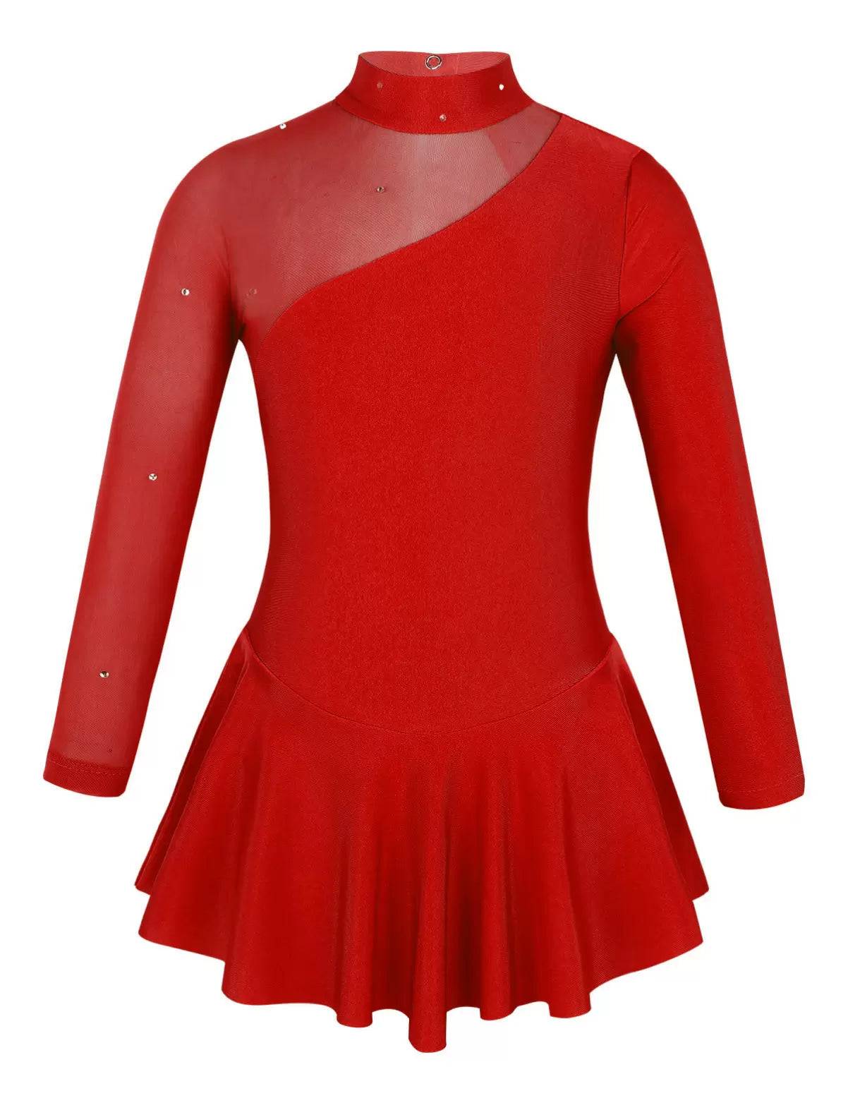 Kids Girls Long Sleeves Tulle Ice Skating Roller Skating Leotard Dress