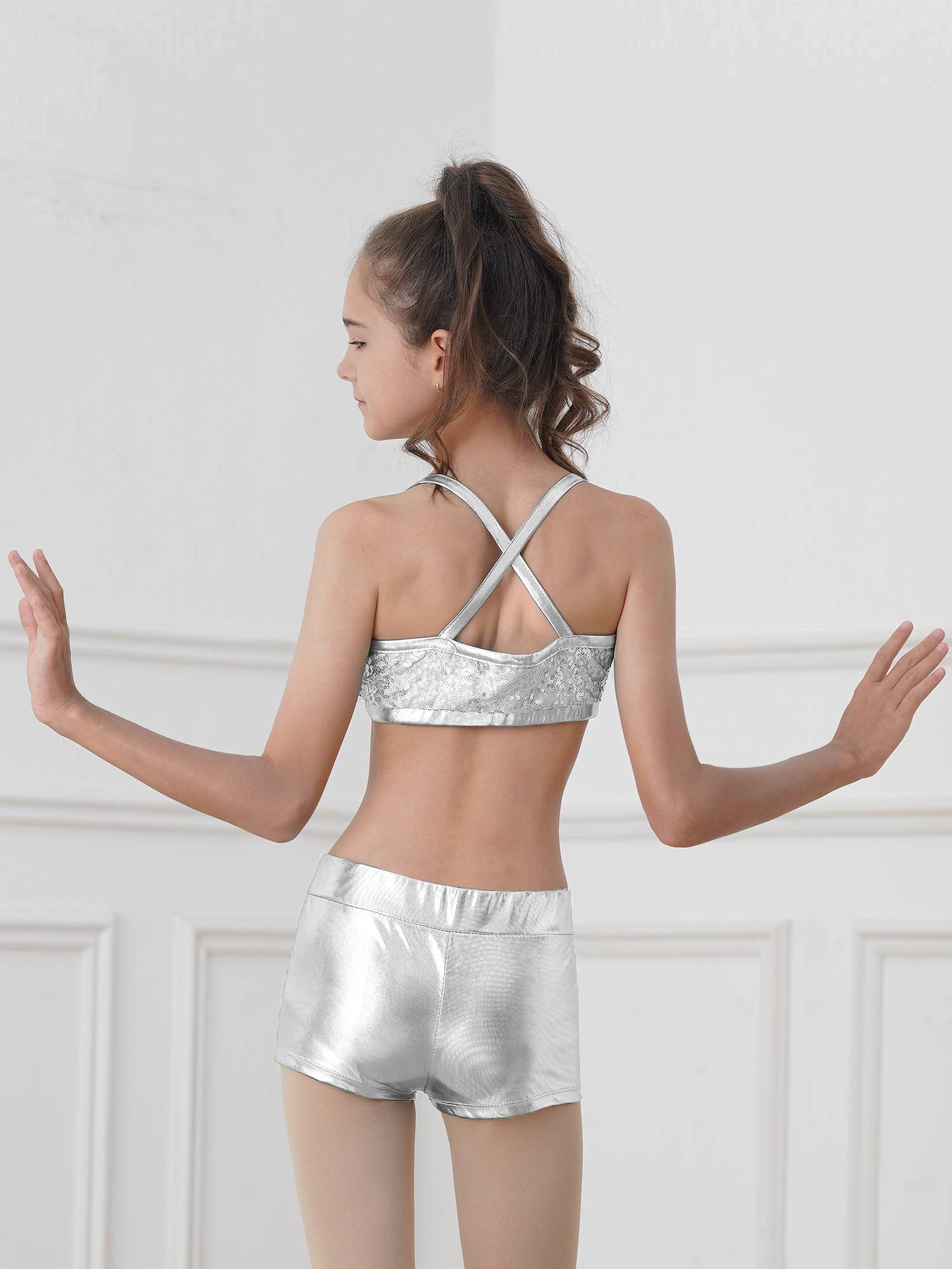 Kids Girls 2pcs Sequins Tank Top and Shorts Jazz Dance Sets