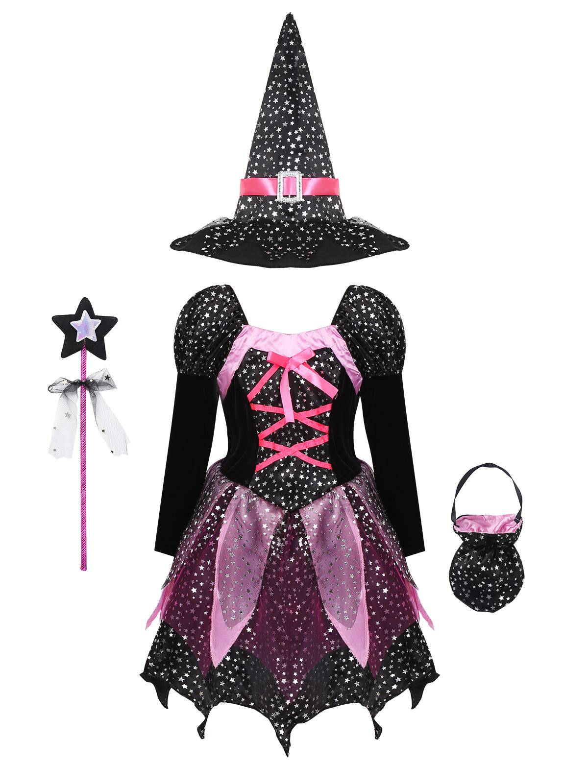 Kids Girls Halloween Long Sleeve Stars Dress with Hat Bag Witch Costume