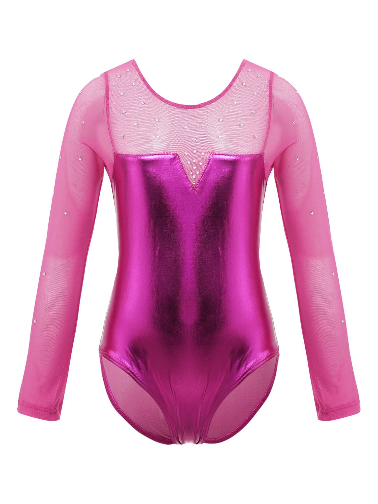 Kids Girls Long Sleeve Rhinestone Decor Metallic Gymnastics Leotard