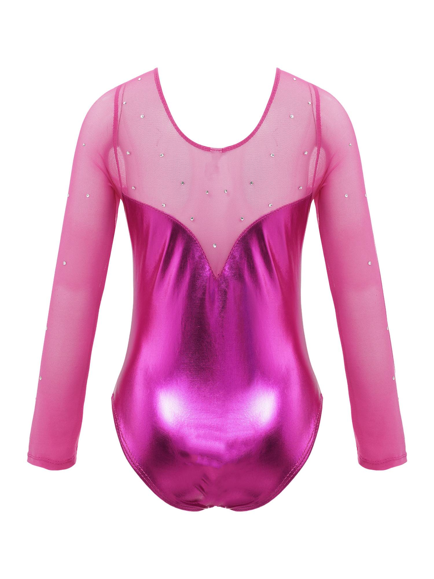 Kids Girls Long Sleeve Rhinestone Decor Metallic Gymnastics Leotard