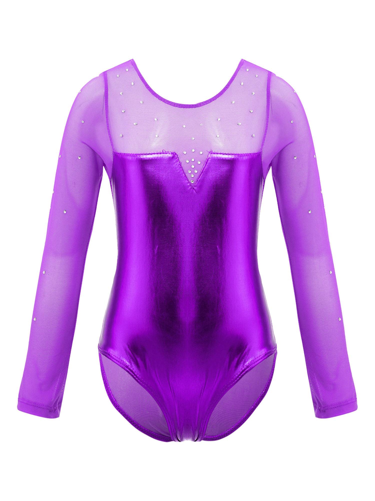 Kids Girls Long Sleeve Rhinestone Decor Metallic Gymnastics Leotard