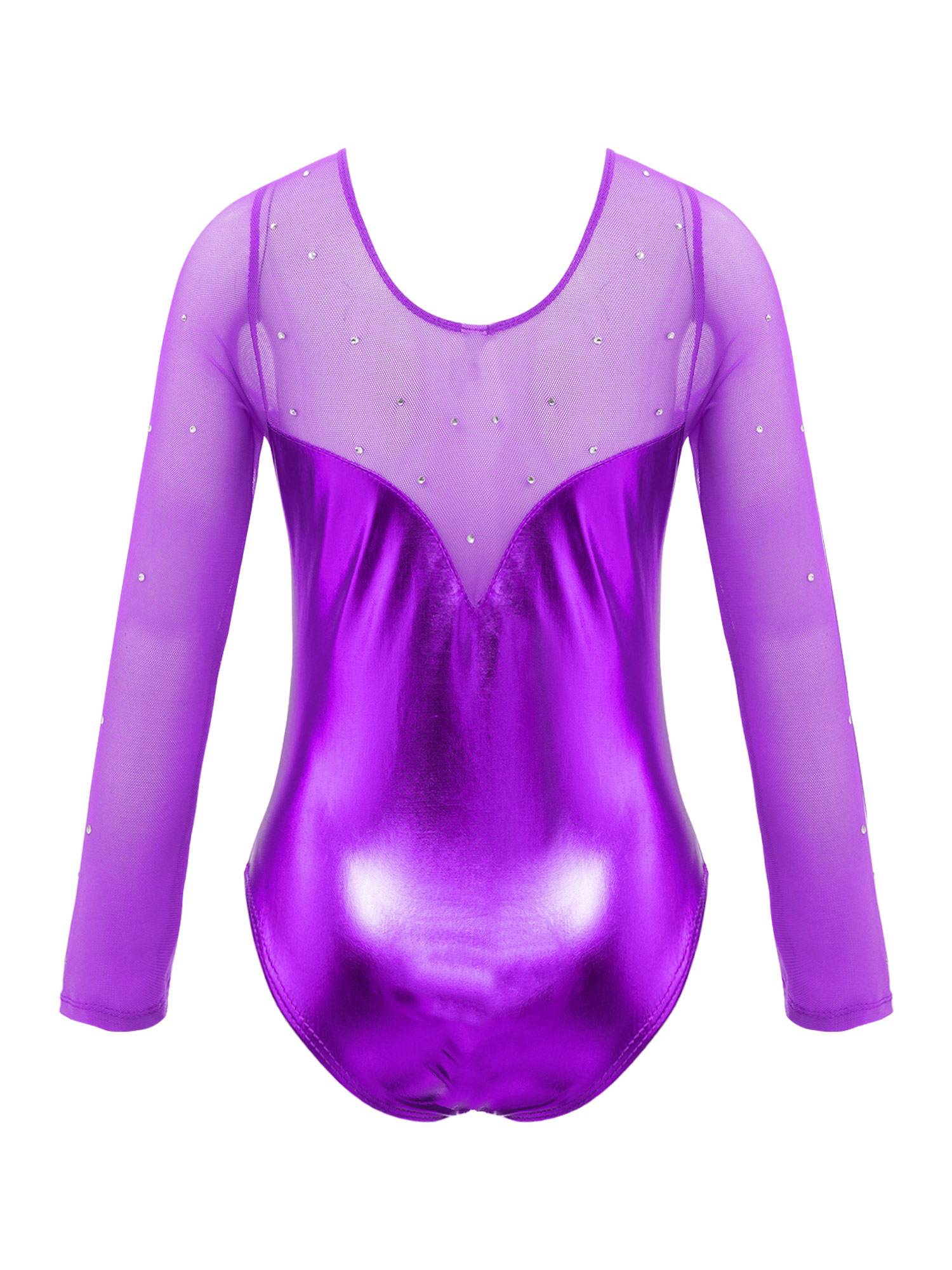 Kids Girls Long Sleeve Rhinestone Decor Metallic Gymnastics Leotard