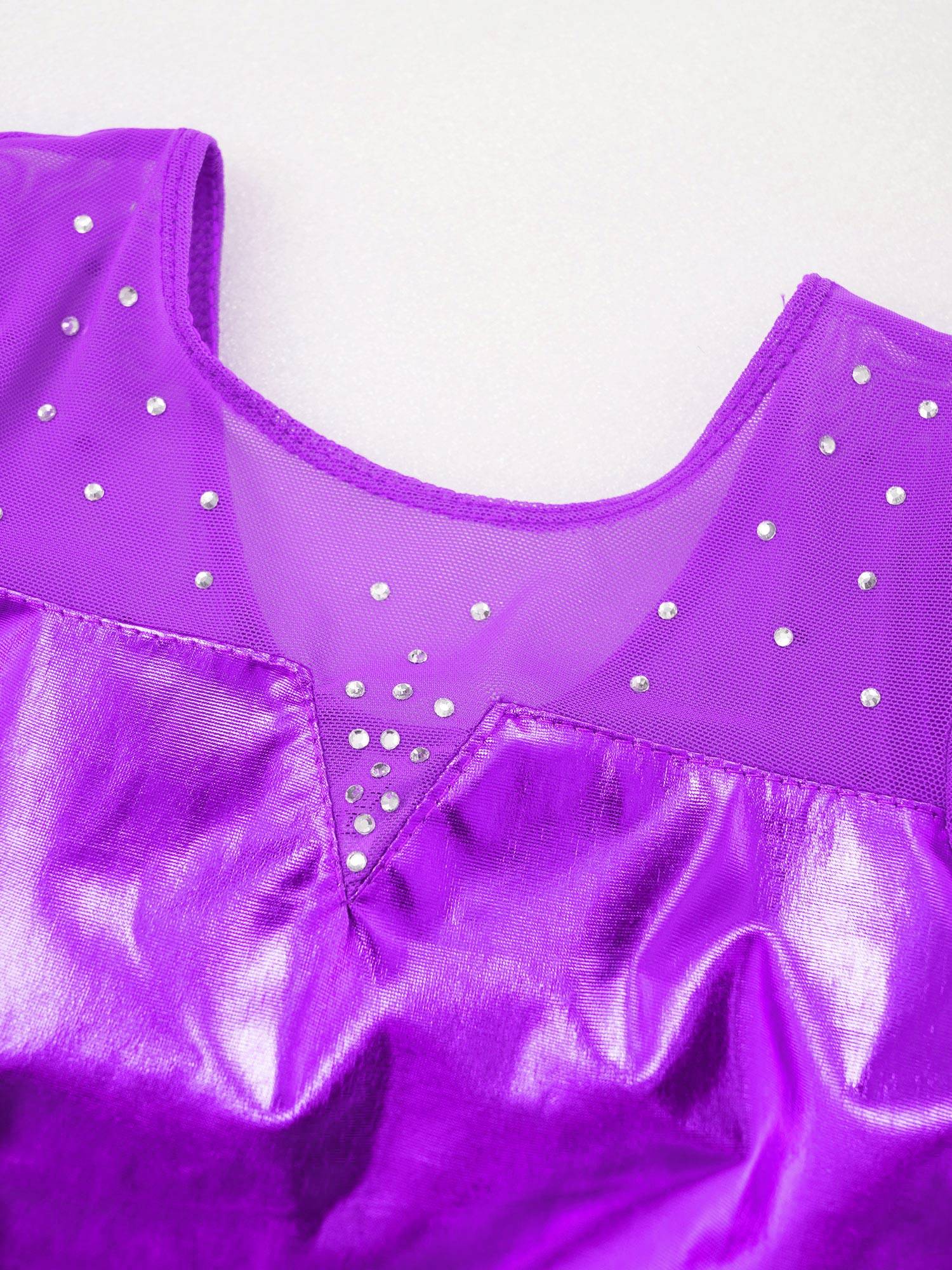 Kids Girls Long Sleeve Rhinestone Decor Metallic Gymnastics Leotard