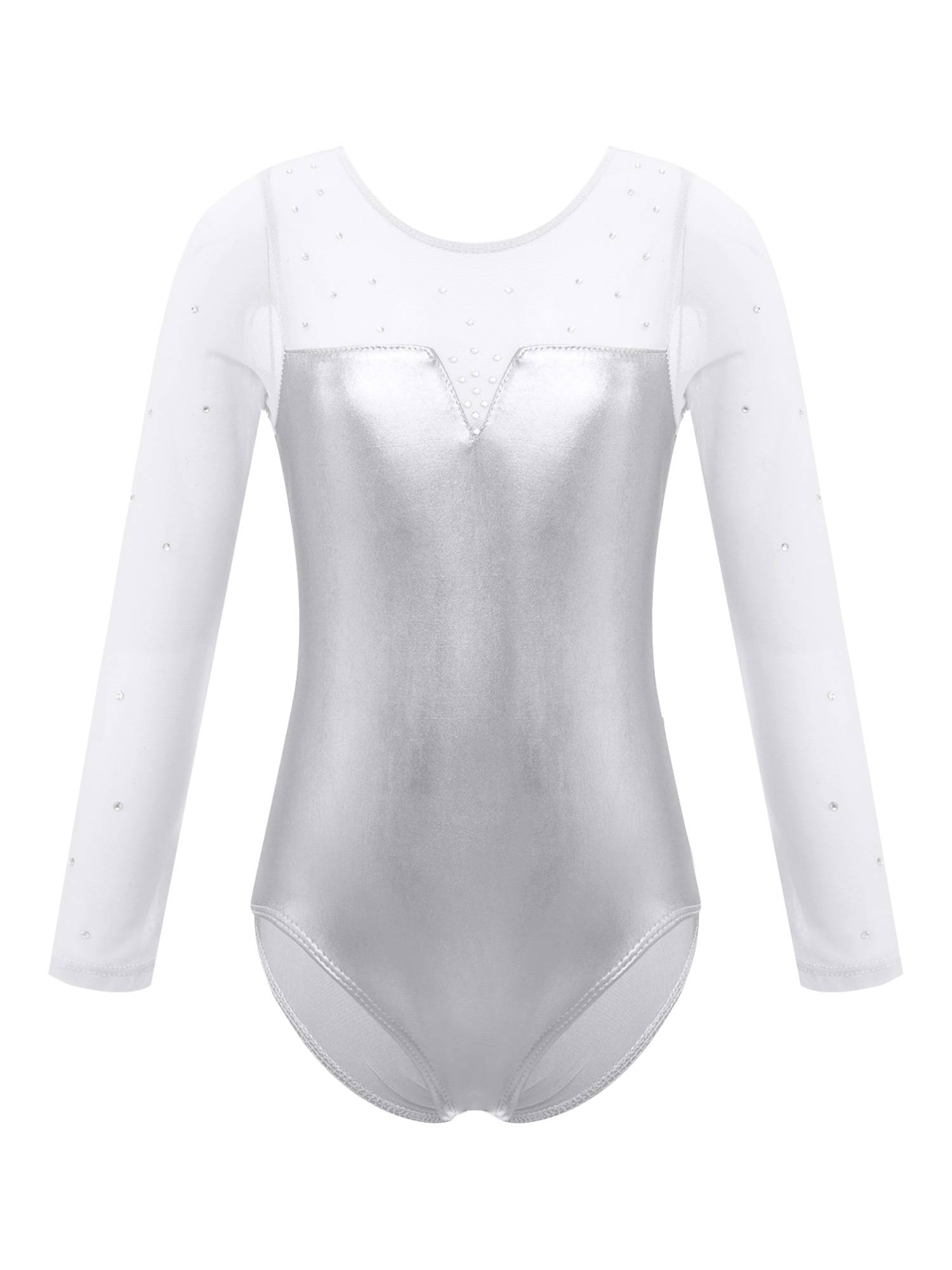 Kids Girls Long Sleeve Rhinestone Decor Metallic Gymnastics Leotard